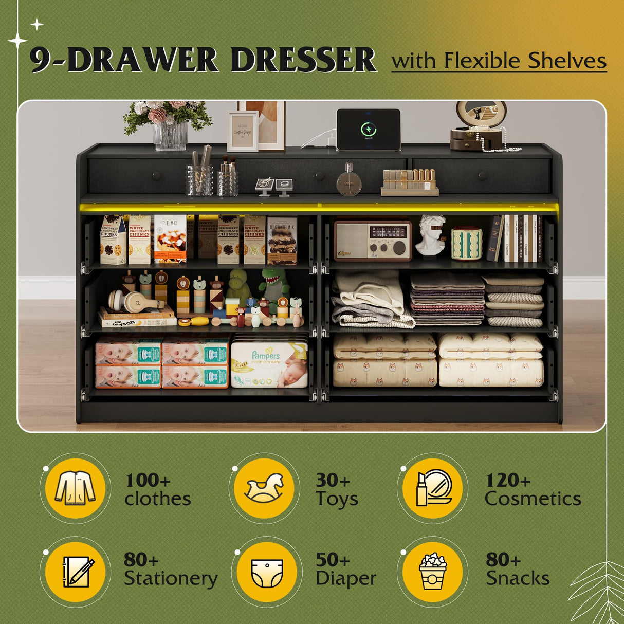 WLIVE 9 Drawer Led Dresser for Bedroom, 58.35'' Black Wood Dresser Storage Organizer with Power Outlets for 65'' TV, Dressers with Open Shelves, Chest of Drawers for Closet, Living Room WLIVE