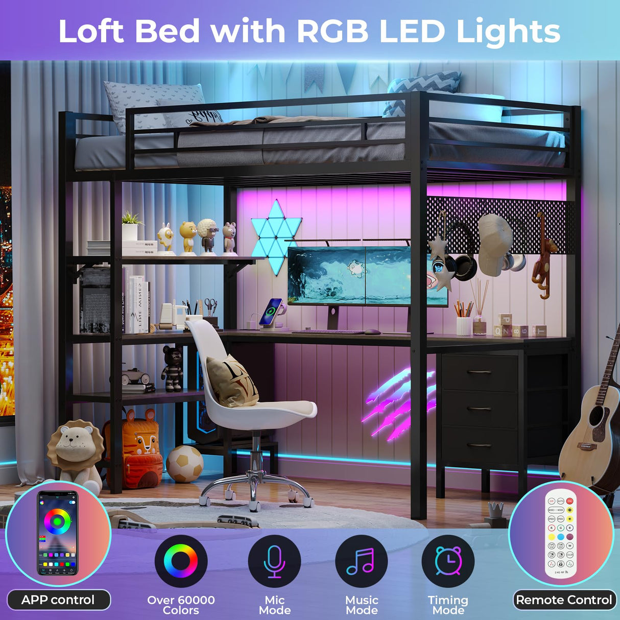 BTHFST Loft Bed Twin Size with L-Shape Desk & RGB LED Lights & Charging Station, Twin Bunk Bed with Fabric Drawers & Shlves, 13.4'' H Safety Guardrail, Noise Free, No Box Spring Needed BTHFST