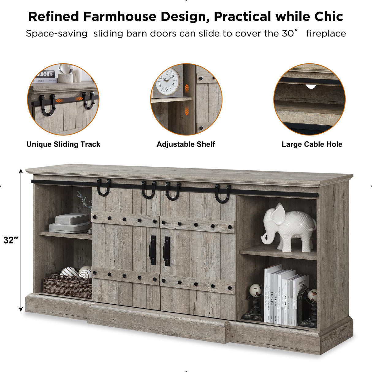 OKD 70" Fireplace TV Stand for 75 80 Inch TV, Farmhouse Highboy Entertainment Center with 30" Electric Fireplace &Sliding Barn Doors, 32" Tall Media Console Cabinet for Living Room, Light Rustic Oak OKD