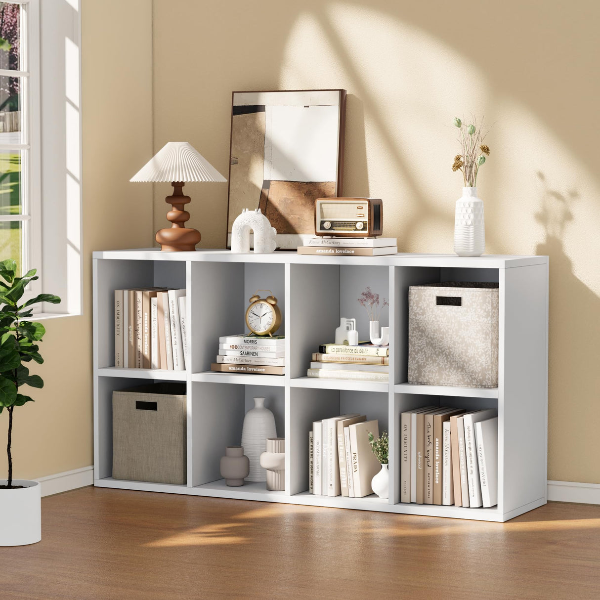 YESHOMY 8 Cube Bookcase, Open Frame 2-Tier Book Shelf, Bookshelf Storage Organizer with Adjustable Shelves for Organization, Room Decor, Milk White YESHOMY