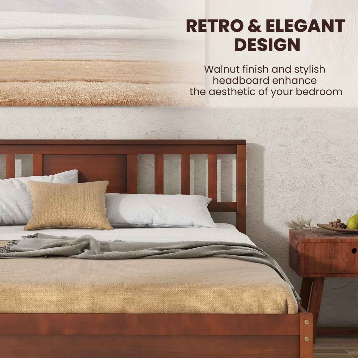 Giantex Full Size Solid Wood Platform Bed Frame, Mid Century Full Bed Frame with Headboard, Wood Slat Support, Double Panel Bed, No Box Spring Needed, Easy Assembly, Walnut Giantex