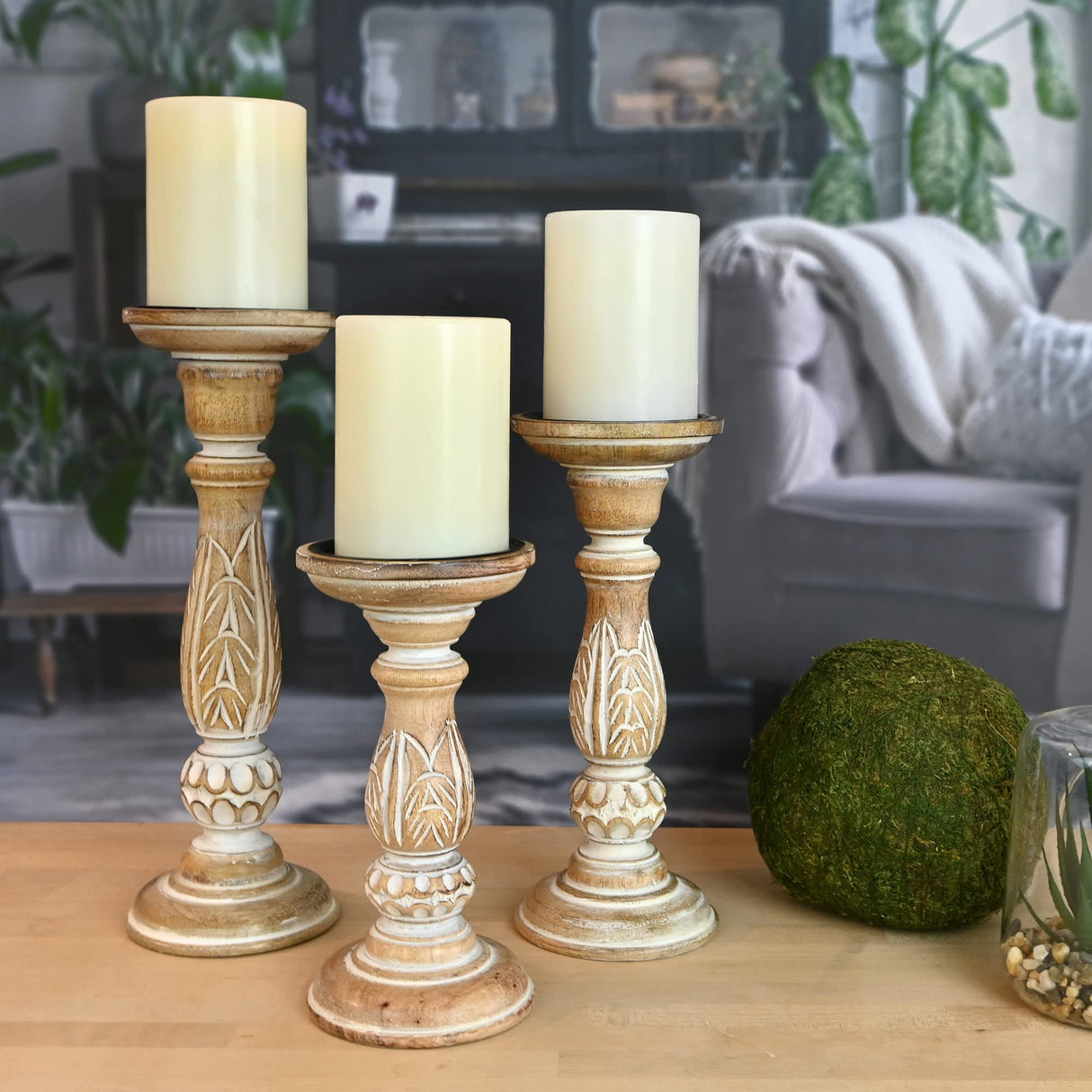 Boston Warehouse Natural Wood Pillar Candle Holder, 3 Piece Set, Distressed Whitewash Boston Warehouse