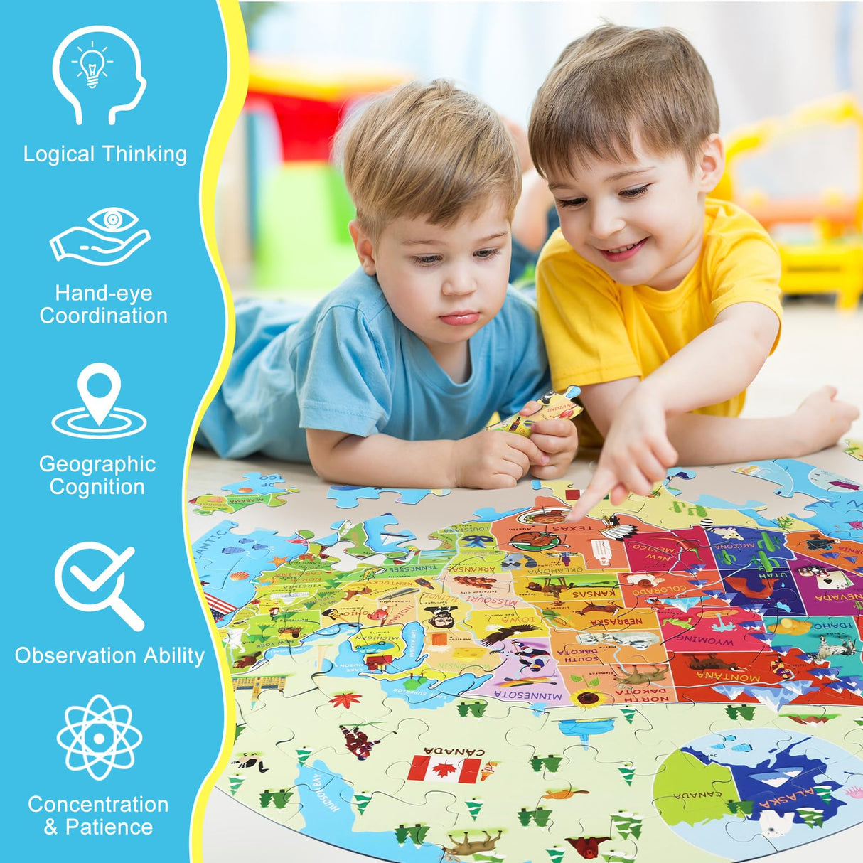 DIGOBAY United States Puzzle 70 Pieces USA Map Floor Jigsaw Puzzles for Kids Ages 4-10, Jumbo Round US Geography Puzzle 50 States with Capitals Educational Learning Toys for Boy or Girl DIGOBAY