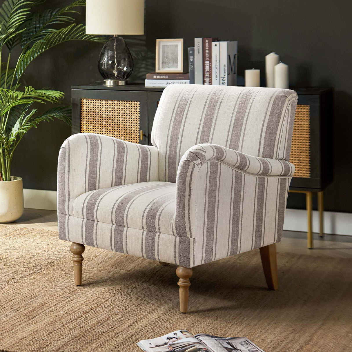 HULALA HOME Modern Accent Chair with Arms and Wooden Legs, Comfy Upholstered Armchair for Living Room, Bedroom (Stripe Pattern, Tan) HULALA HOME