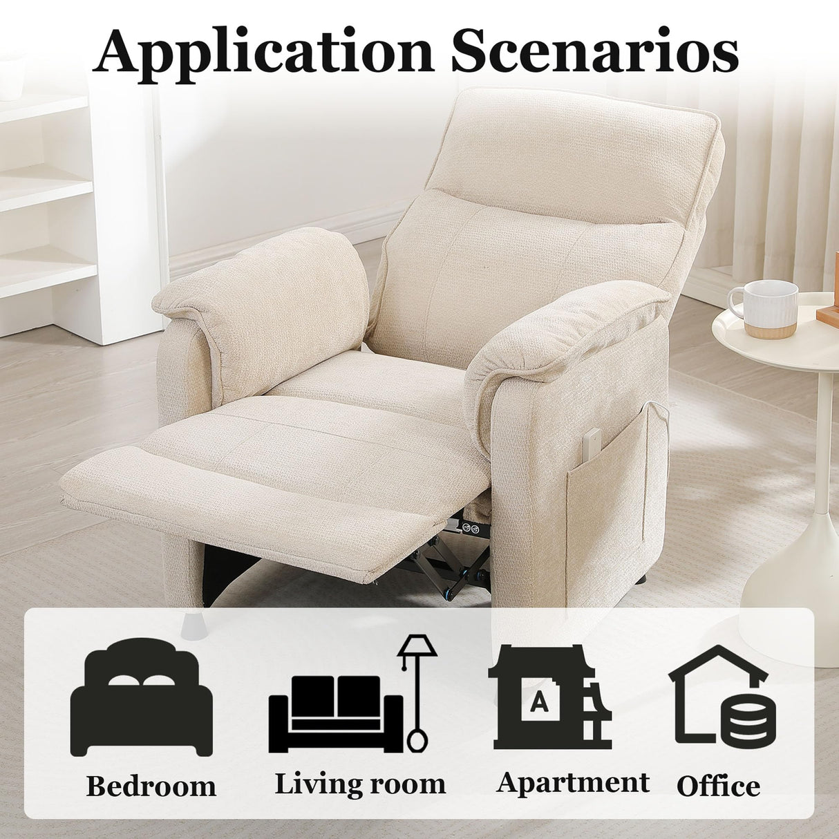 Electric Nursery Recliner Chair with Remote Control, Blue Power Recliner Chairs with Side Pockets. Small RecinerChairs for Adults, Mini Reclining Chair for Bedroom Living Room (Beige) HRVEOCEI