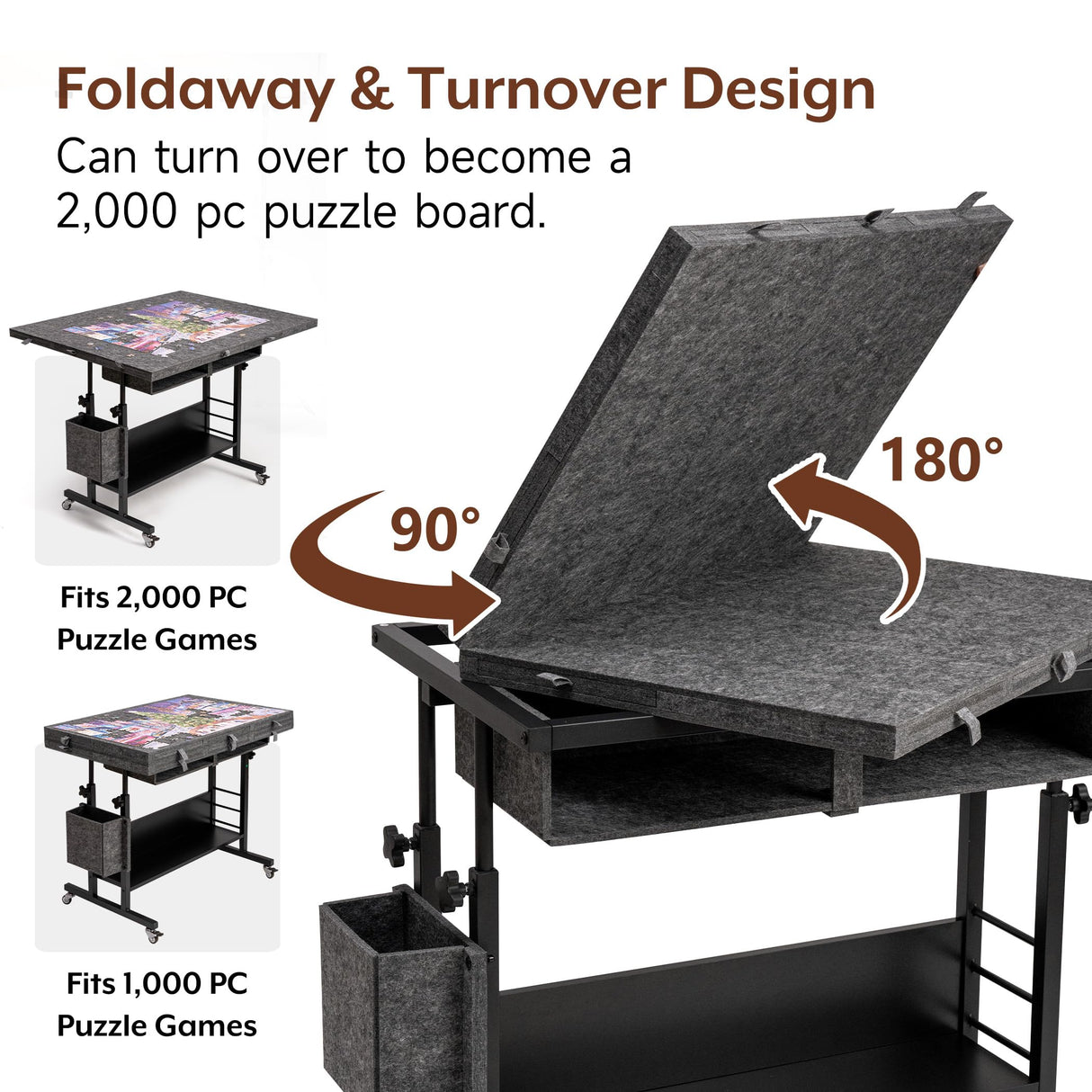 Tektalk 2000 Piece Foldable Felt Jigsaw Puzzle Table with Height Adjustment, Puzzle Board for Adults with 2 Cover & 8 Sorting Trays/Drawers, Easel with Legs, Enclosed with 4 Roller Wheels - Dark Gray Tektalk