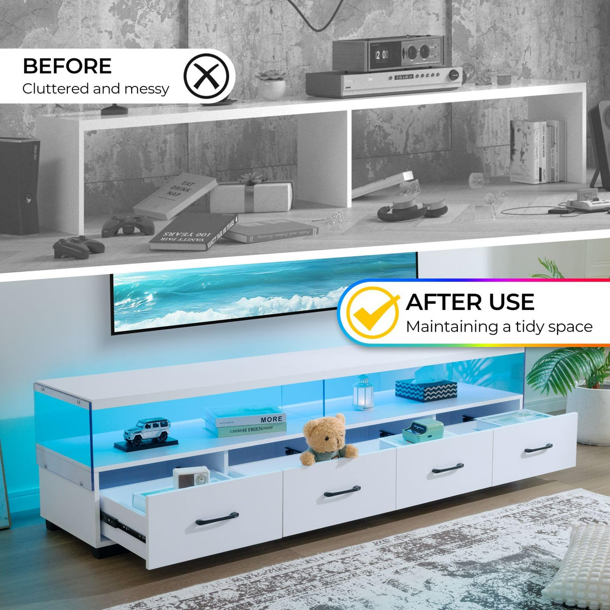 Cubehom LED TV Stand 75 inch TV Stands for Living Room Modern Entertainment Center with 4 Drawers TV Console Tables for Bedroom, Living Room (White, 71 inch) Cubehom