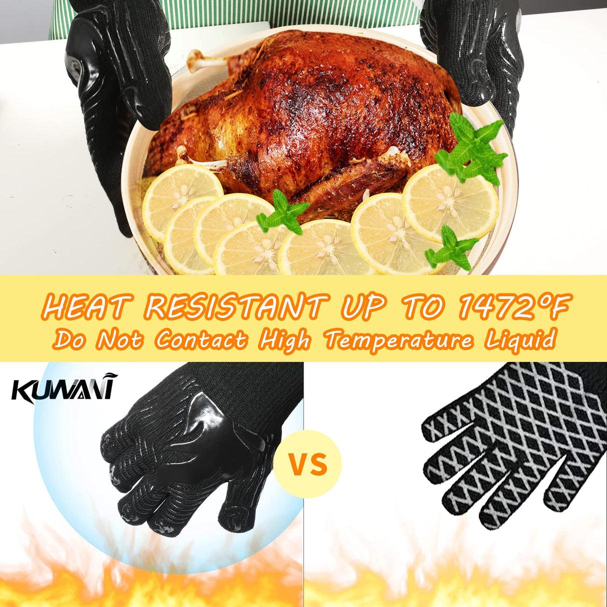 BBQ Gloves, 1472°F Heat Resistant Fireproof Mitts, Silicone Non-Slip Washable Oven Kitchen Gloves for Barbecue, Grilling, Cooking, Baking, Camping, Smoker (Black) KUWANI