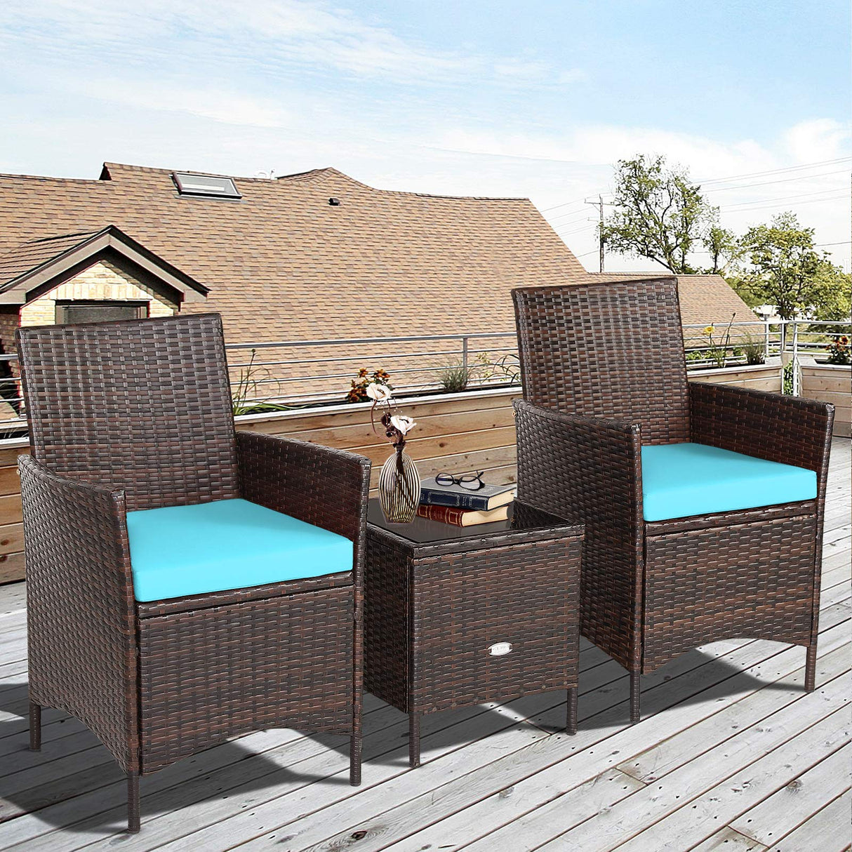 COSTWAY 3 Pieces Patio Rattan Furniture Set, Outdoor Wicker Cushioned Sofa with Tempered Glass Tabletop, Rattan Conversation Set for Porch Yard Balcony Backyard Pool, Turquoise COSTWAY