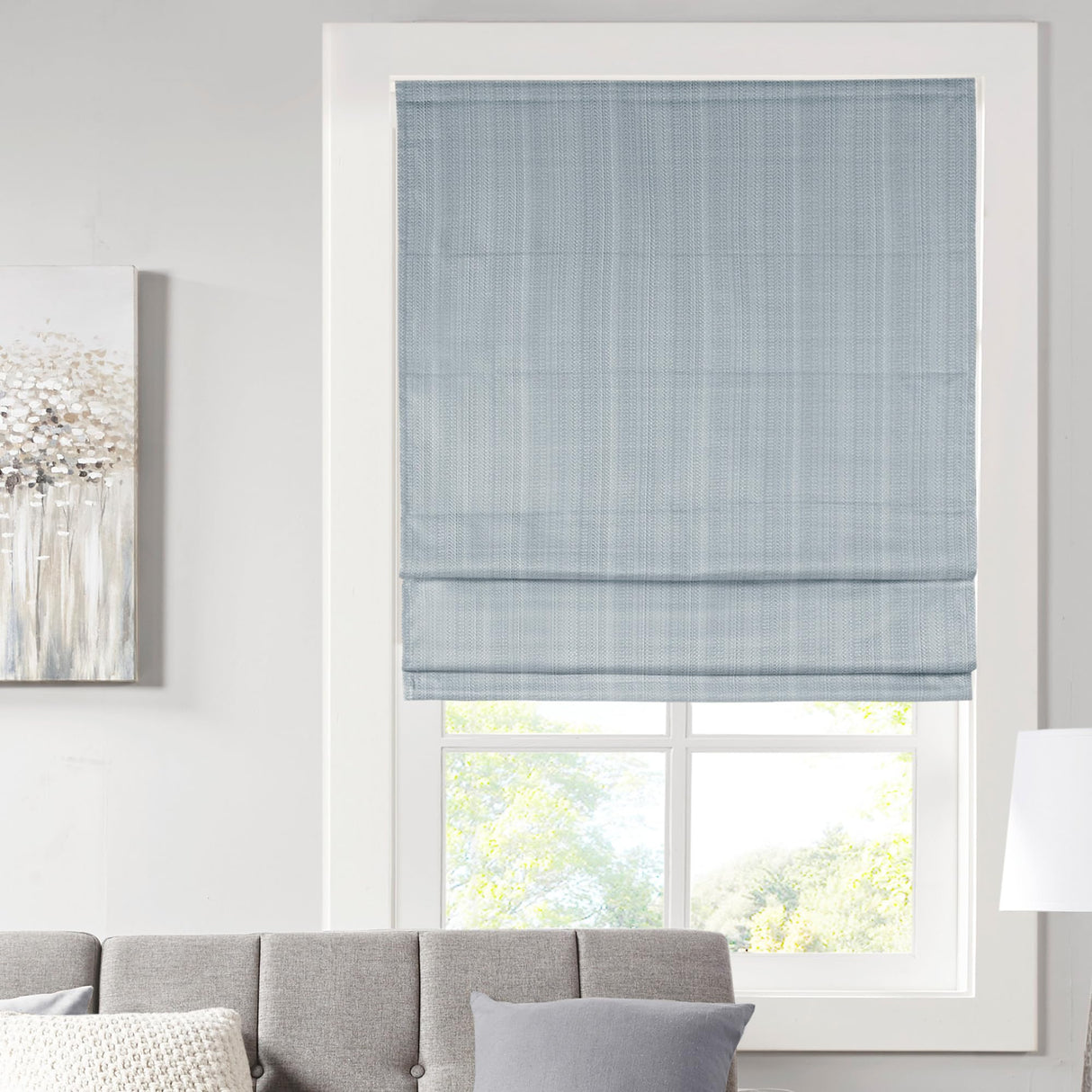 Madison Park Galen Cordless Roman Shades - Fabric Privacy Single Panel Darkening, Energy Efficient, Thermal Insulated Window Blind Treatment, for Bedroom, Living Room Decor, 31" x 64", Blue Madison Park