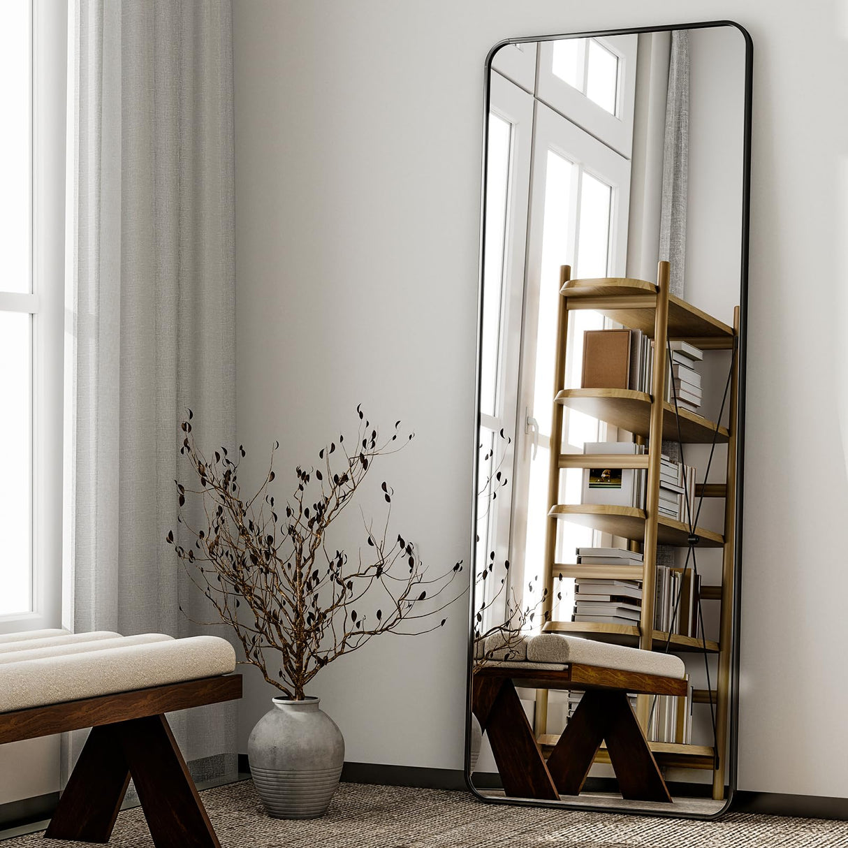 HARRITPURE 56" x 21" Rounded Full Length Mirror Aluminum Frame Black Mirror Full Length Floor Mirror with Stand for Living Room Bedroom Cloakroom HARRITPURE