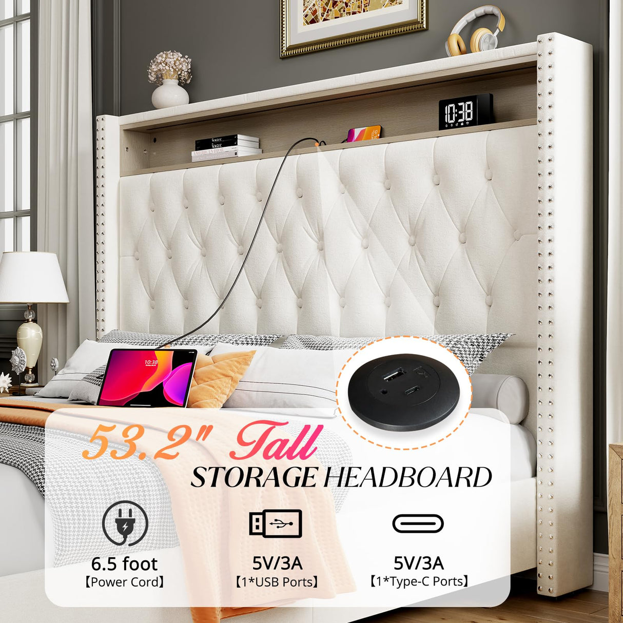 Jocisland King Size Bed Frame 53.6'' Tall Headboard LED Lights and Charging Station, Velvet Hign Upholstered Platform Bed Wingback Storage, No Box Spring Needed, Motion Activated Light, Cream Jocisland