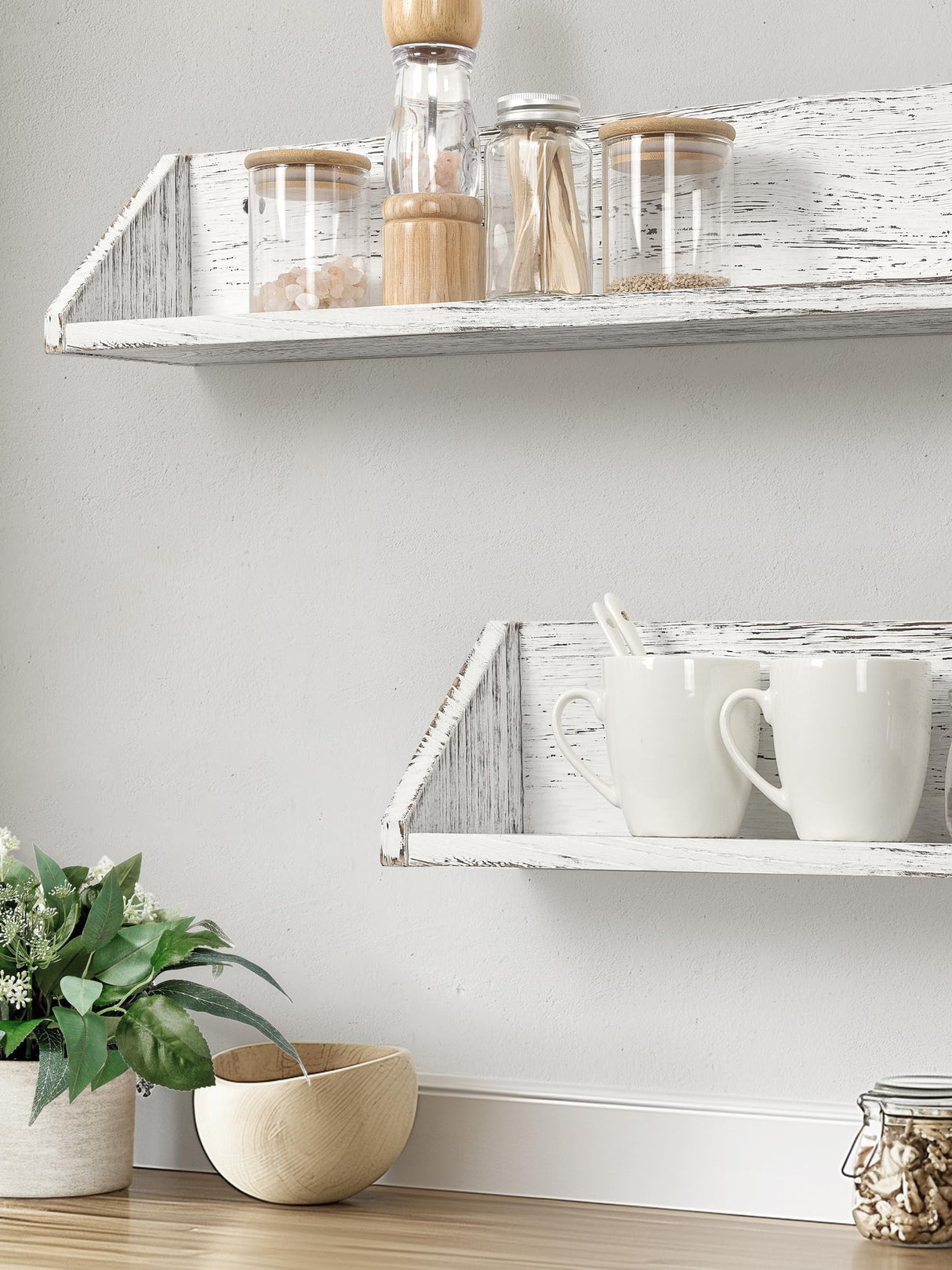 Gronda Kitchen Floating Shelves for Wall, Shabby Chic Wood Farmhouse Wall Mounted Shelf 2-Pack 24 Inches Whitewashed Shelves Hanging for Wall Gronda