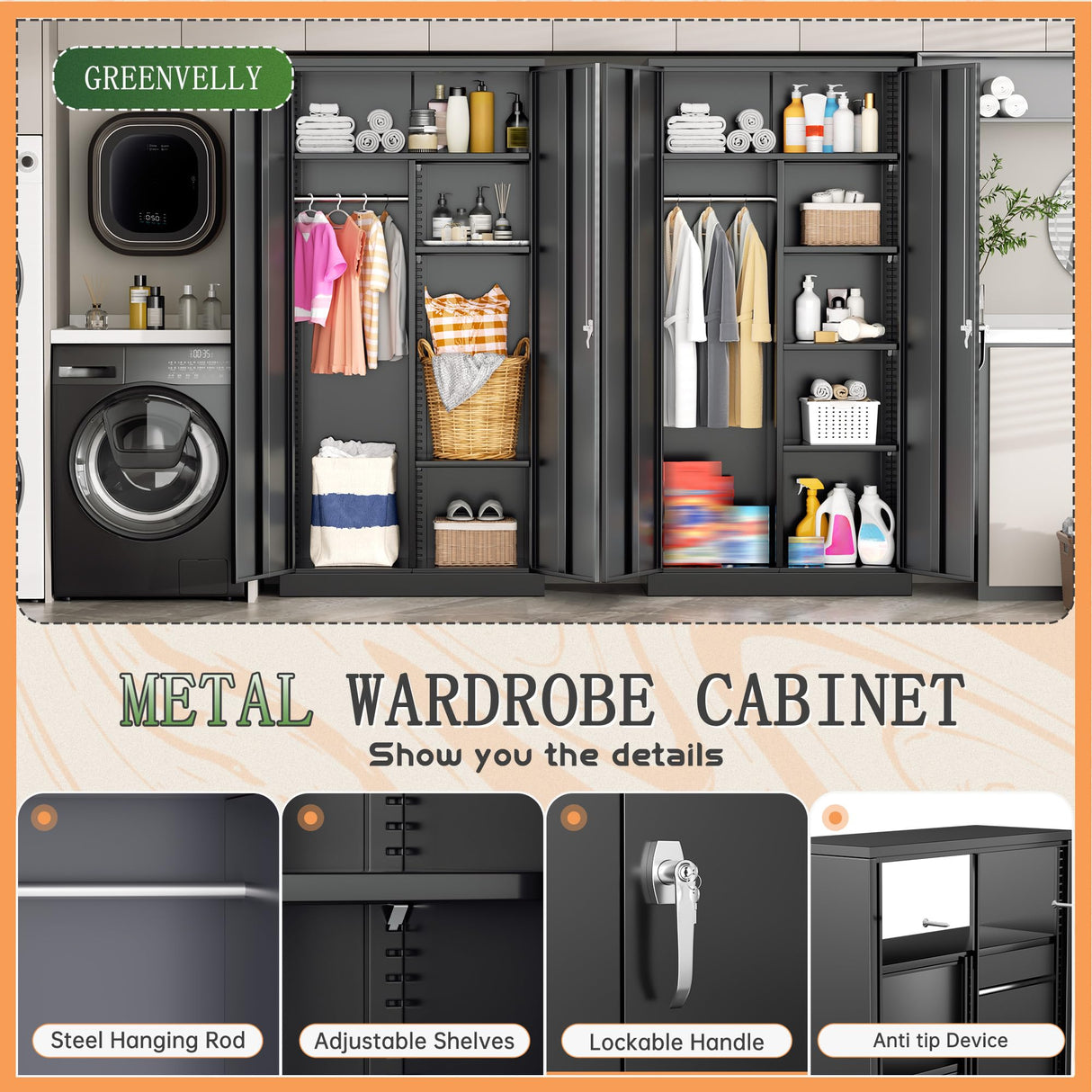 Greenvelly Metal Wardrobe Cabinet with Locking Doors, 72"H Black Metal Wardrobe Closet with Hanging Rods and Adjustable Shelves, Clothing Storage Closet for Home, Office, Employee, Gym (16" D x 32" W) Greenvelly