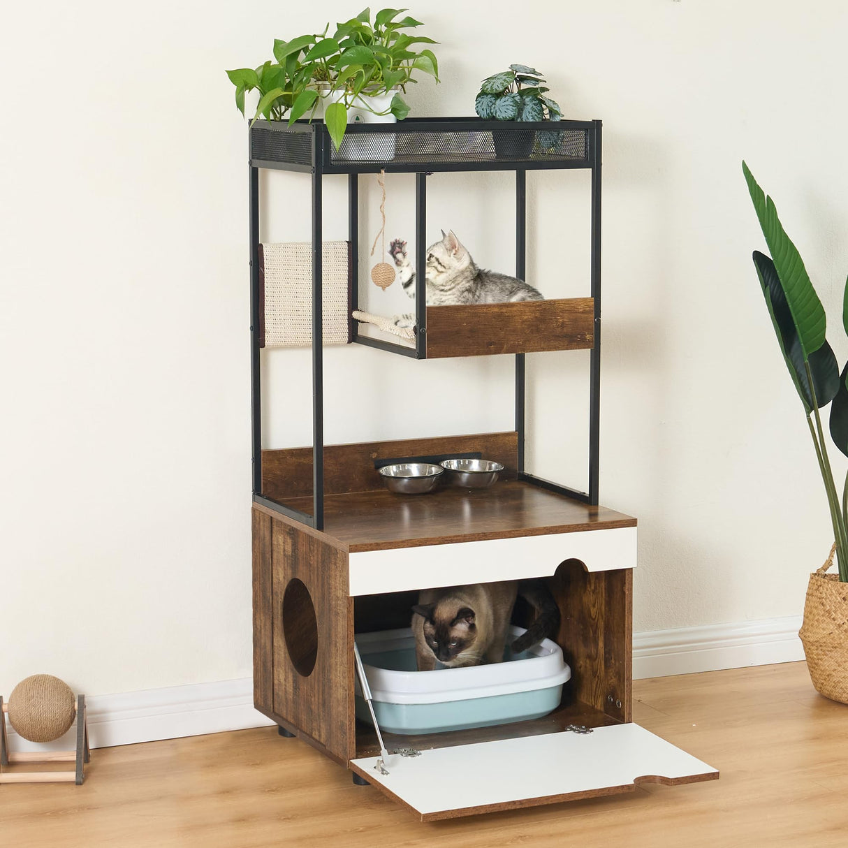 FerniTry Cat Litter Box Enclosure Furniture with Cat Tree Tower, Kitty Litter Box Hidden Cabinet with Shelves Scratching Pad and Cat Bowls, Cat Washroom Indoor Cat House,Rustic Brown… FerniTry