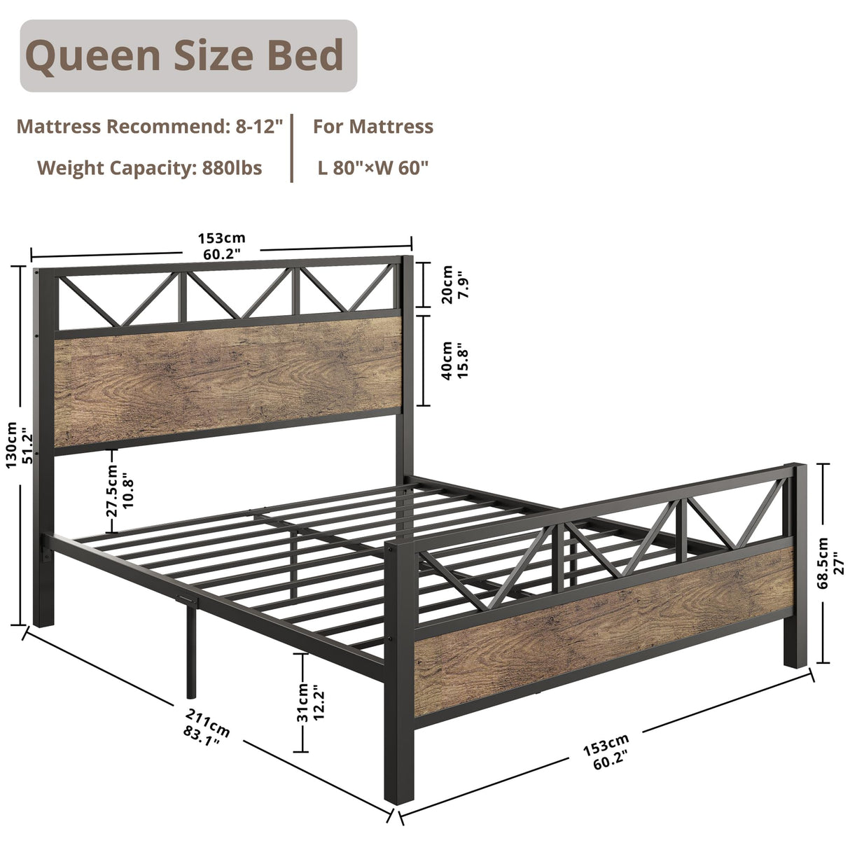 LIKIMIO Queen Bed Frame, Tall Industrial Headboard 51.2 ", Platform Bed Frame with Strong Metal Support, Solid and Stable, Noise Free, No Box Spring Needed, Easy Assembly, Vintage Brown, Rustic Maple LIKIMIO