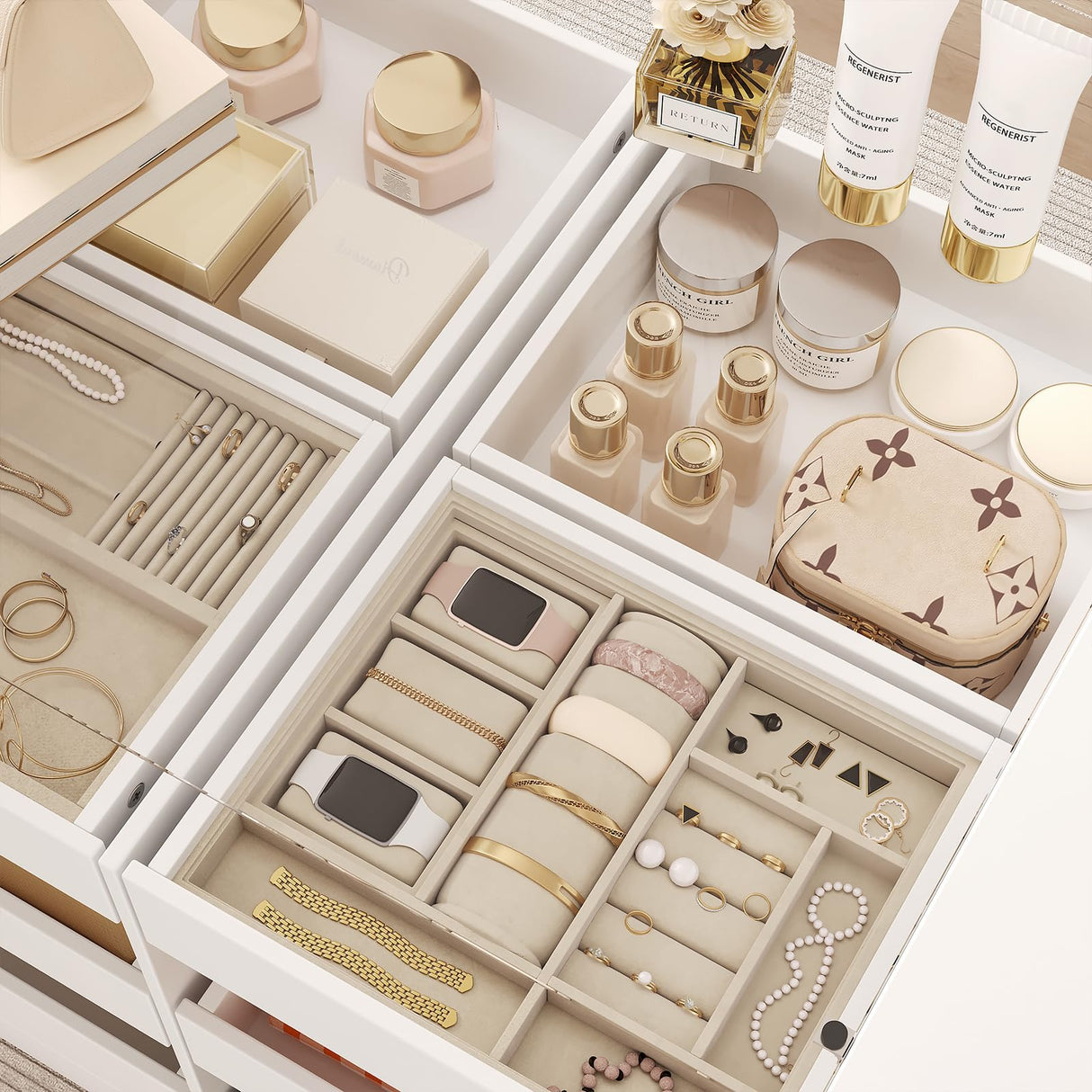 LIVAUVEAD Closet Island with Drawers, Wardrobe Armoire Bedroom Island, Glass Display Shelf & 15 Drawers, White Dresser with Glass Top, Walk-in Closet Island for Bedroom, Cloakroom LIVAUVEAD