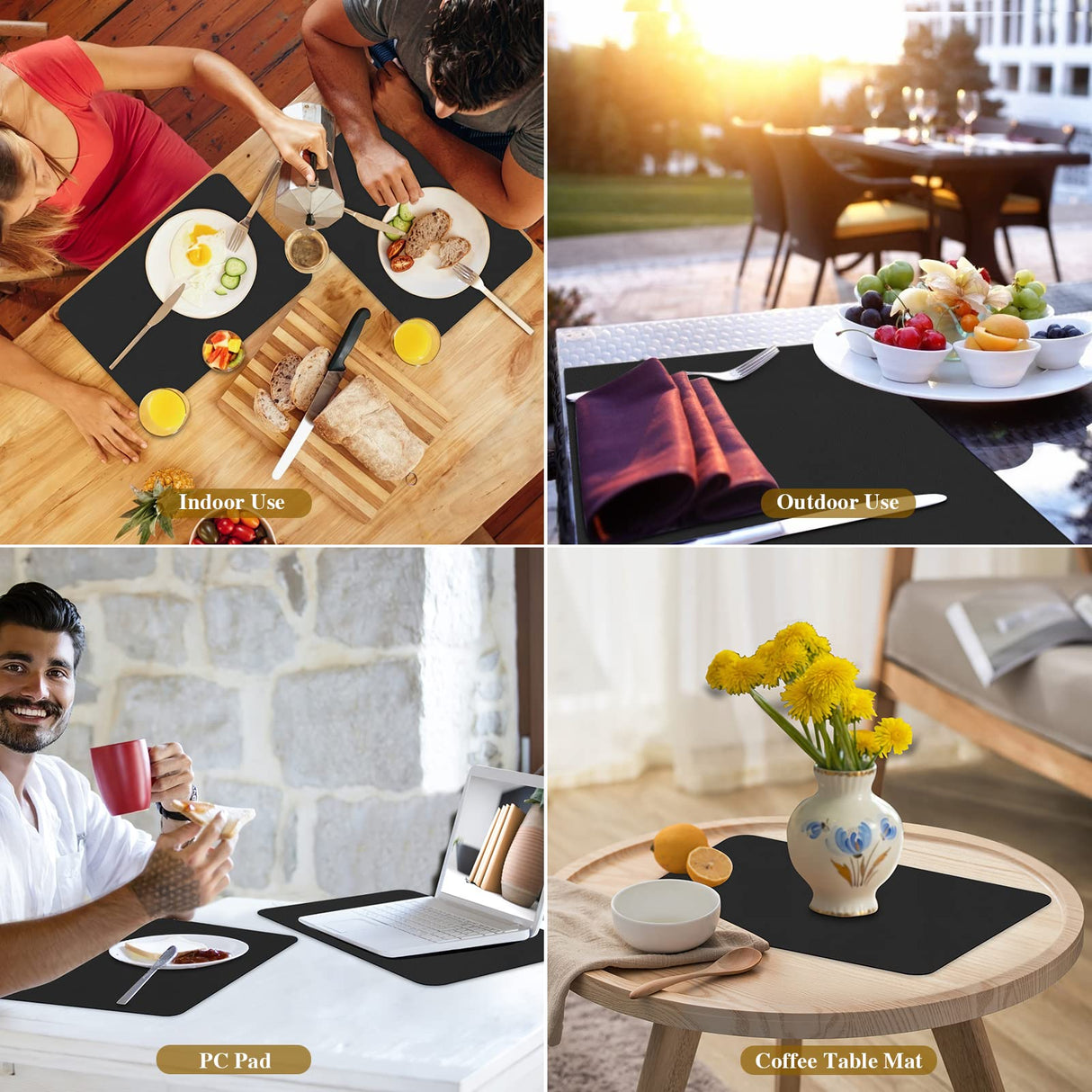 Bacgnyer Placemats Set of 8, Placemat with Coasters Heat Stain Scratch Resistant Non-Slip Waterproof Oil-Proof Washable Wipeable Outdoor Indoor for Dining Patio Table Kitchen Decor and Kids (Black 8) Bacgnyer