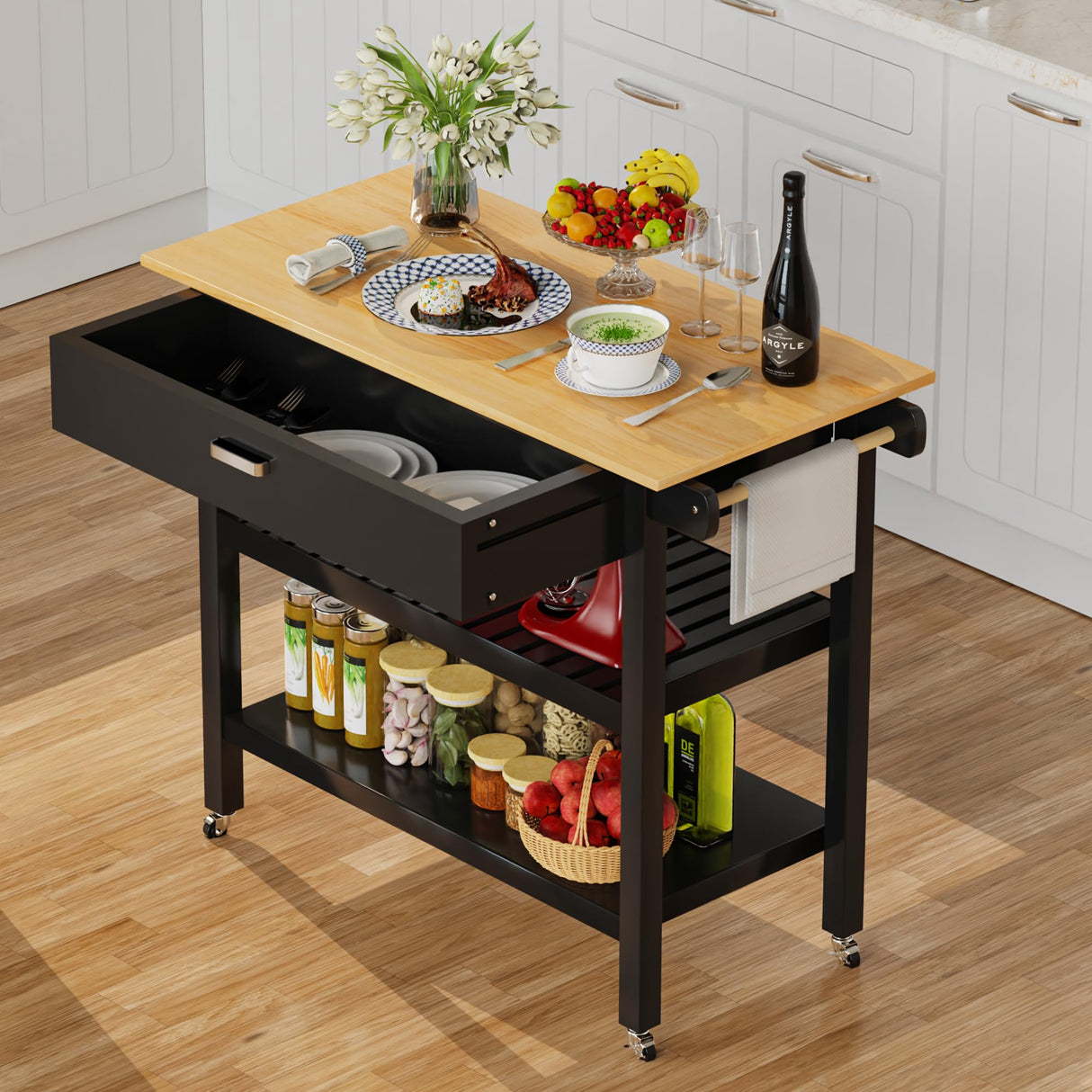 HiDSLiving Kitchen Island 42" Rolling Kitchen Island Cart On Wheels with Drawer Towl Rack 3 Tiers Rolling Utility Cart with Solid Wood Top Serving Trolley for Dining Room Black HiDSLiving