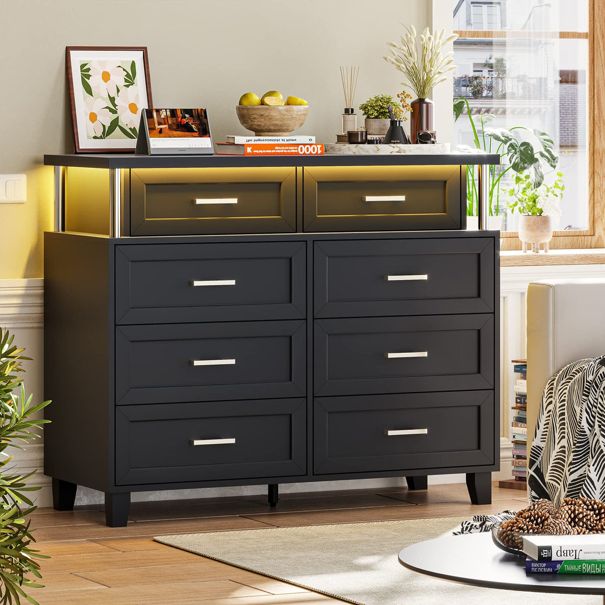 VIAGDO Dresser for Bedroom with 8 Drawers, Chest of Drawers with LED Light, Tall Wide Dresser for Storage and Organization, Black Dresser for Bedroom, Living Room, Closet VIAGDO