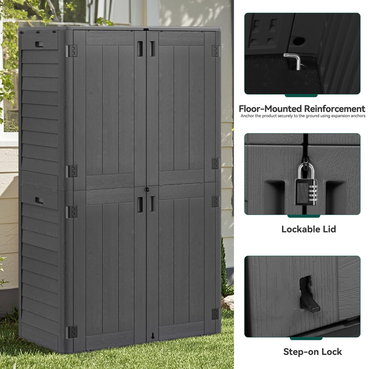 YITAHOME 60 cu ft Tall Outdoor Storage Shed w/o Shelf, Resin Vertical Outdoor Storage Shed, Large Waterproof Storage Cabinet for Garage, Poolside, and Garden (Dark Gray + Black) YITAHOME