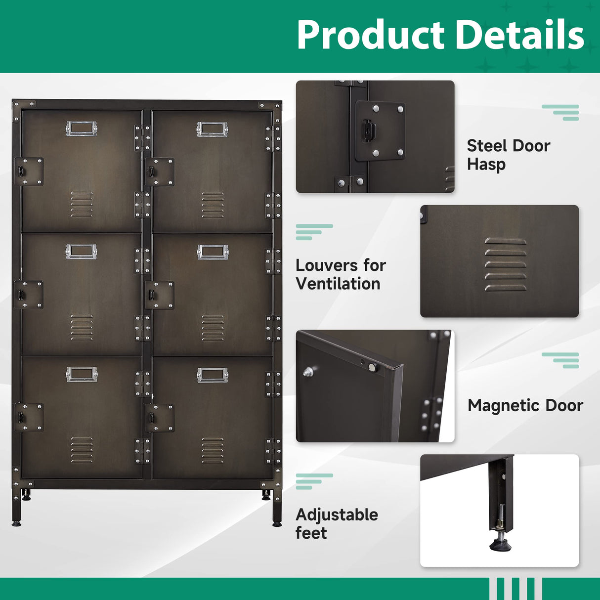 Letaya Metal Storage Locker,47" Steel Retro Cabinets 6 Doors Lockable,Adjustable Feet Organizer Cabinets for Employees Home Office School Gym (6 Letaya