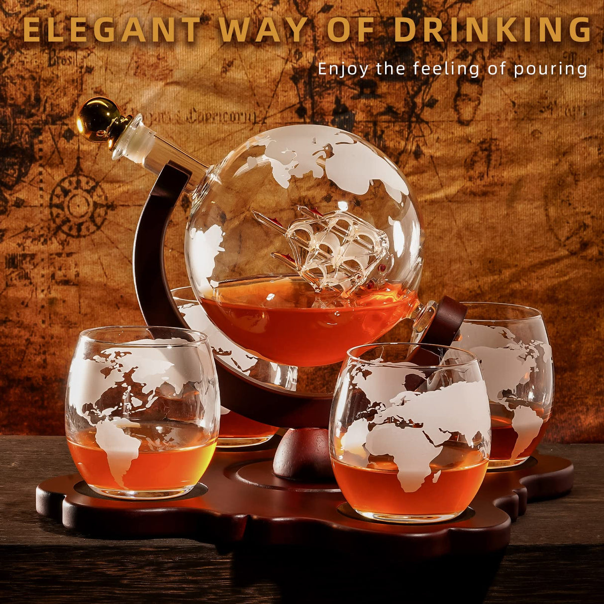 Gifts for Men Dad Husband, Whiskey Decanter Set with 4 Etched Globe Glasses, Unique Anniversary Birthday House Warming Gift for Brother Boyfriend, Cool Bourbon Presents Oaksea