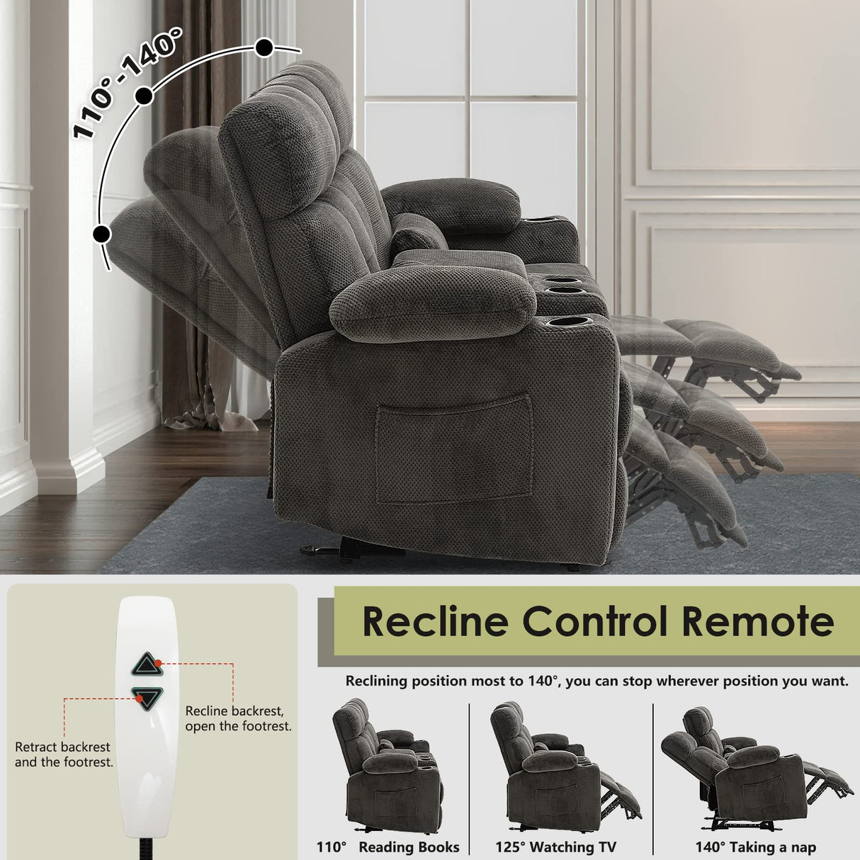 Consofa Power Reclining Loveseat with Console, Power Loveseat Recliner Sofa with Heat and Massage, Extended Footrest, Reclining Loveseat with Cup Holders, Lumbar Support for Living Room, RV Loveseat Consofa