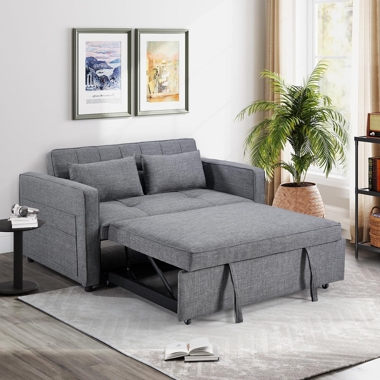 HAOMARKETS 3 in 1 Convertible Sleeper Sofa Bed, Loveseat Chaise Lounge with Pullout Bed, 2-Seater Futon Couches with Storage Pockets, 3-Level Adjustable Backrest and Pillows for Living Room,Grey HAOMARKETS