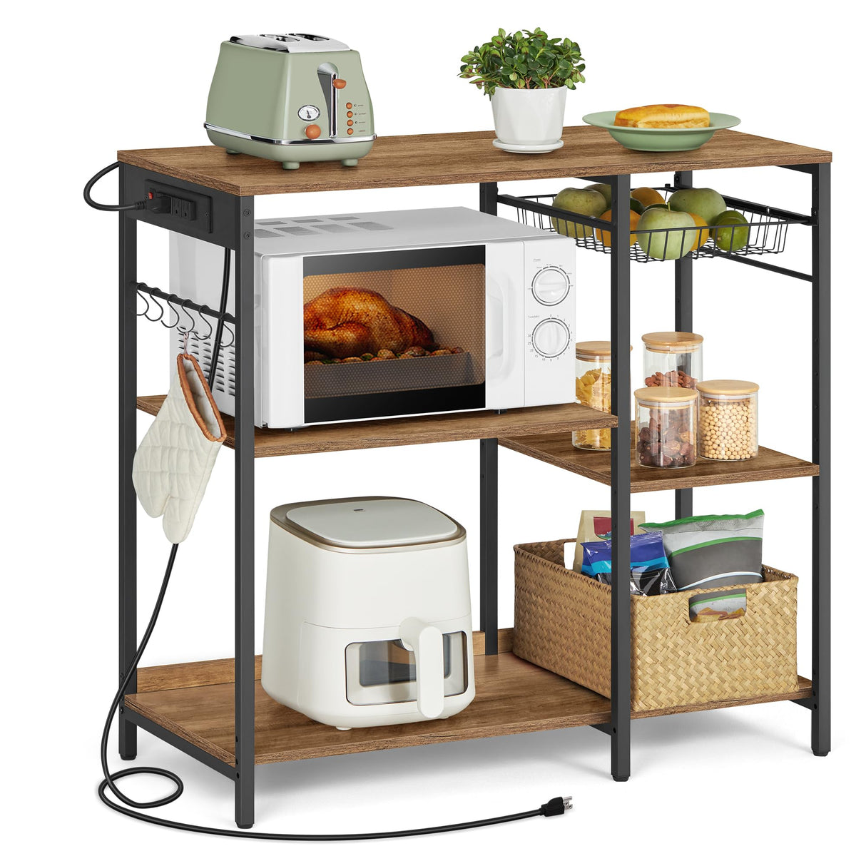 VASAGLE Rustic Walnut Baker's Rack with Integrated Charging Station and Storage Solutions VASAGLE