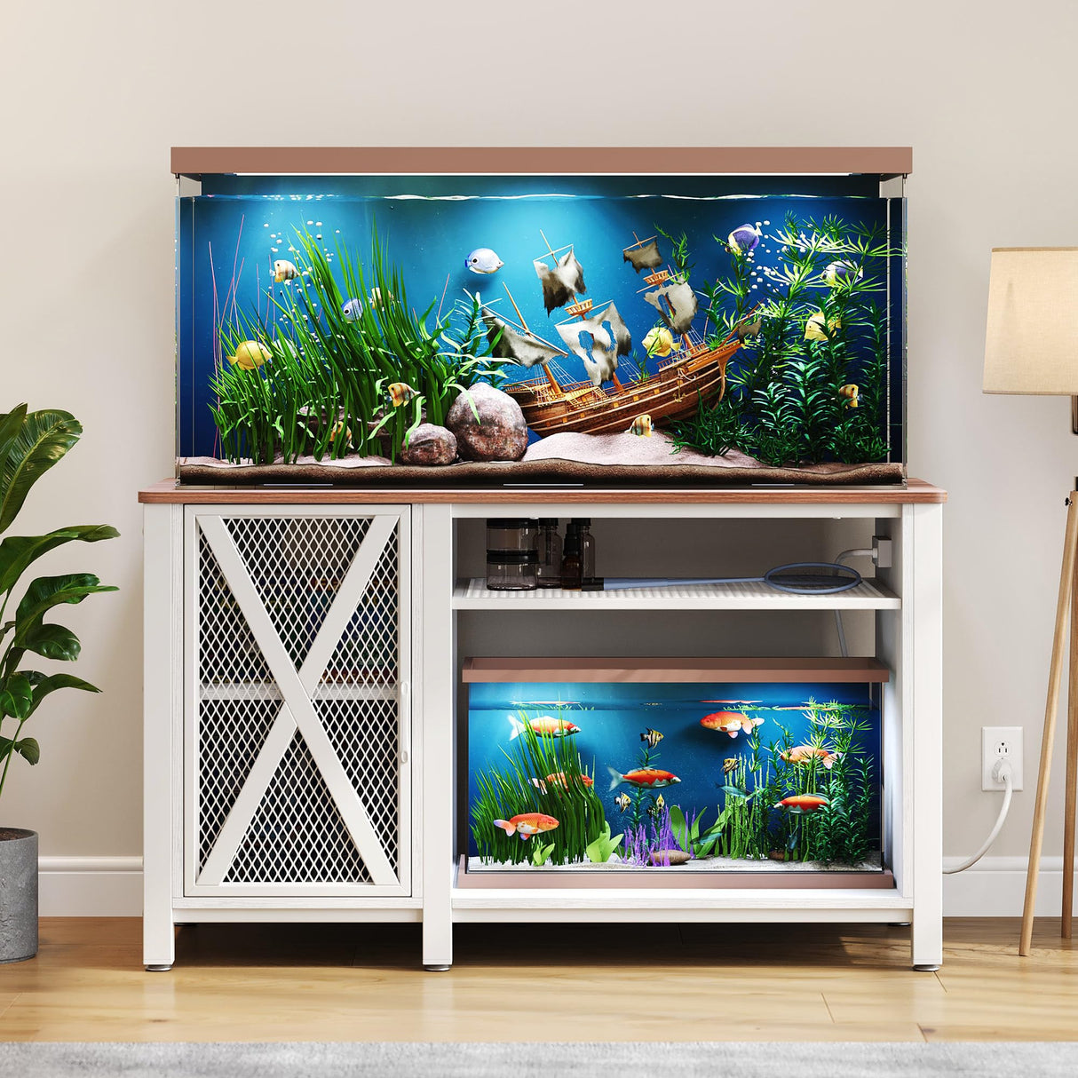 DWVO Heavy Duty Metal Aquarium Stand with Power Outlets, Cabinet for Fish Tank Accessories Storage - Suitable for 55-75 Gallon Fish Tank Stand, Turtle Tank, 860LBS Capacity, White & Walnut DWVO