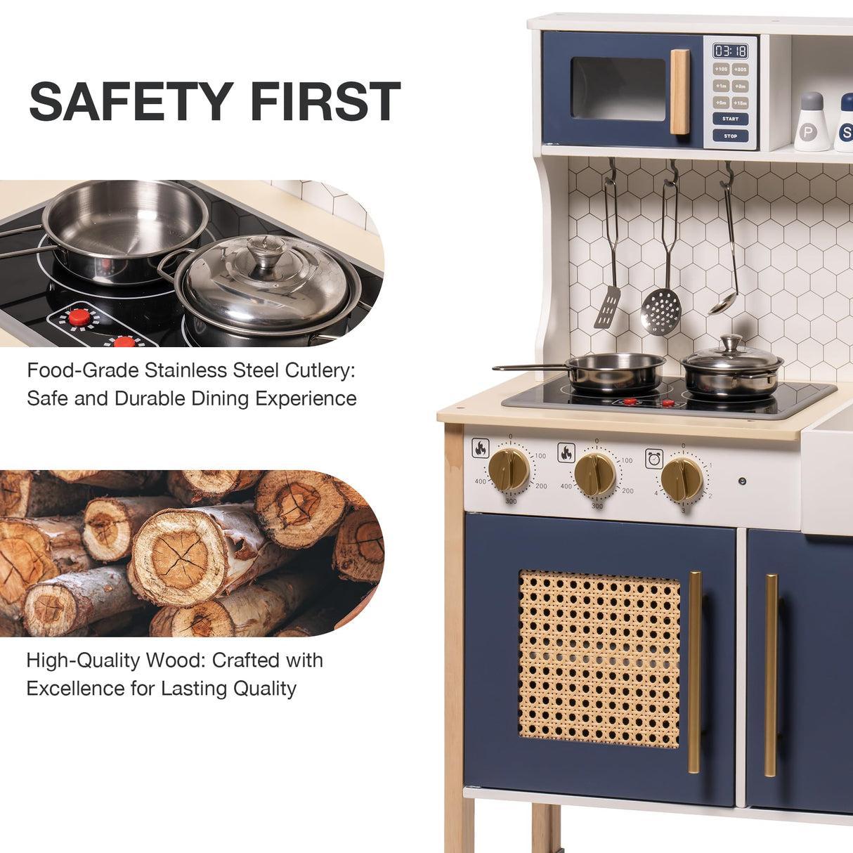 ROBOTIME Wooden Play Kitchen, Kids & Toddlers Kitchen Playset, Kids Play Kitchen Pretend Play Set with Lights & Sounds, Toy Kitchen for Ages 3+ (Blue) ROBOTIME