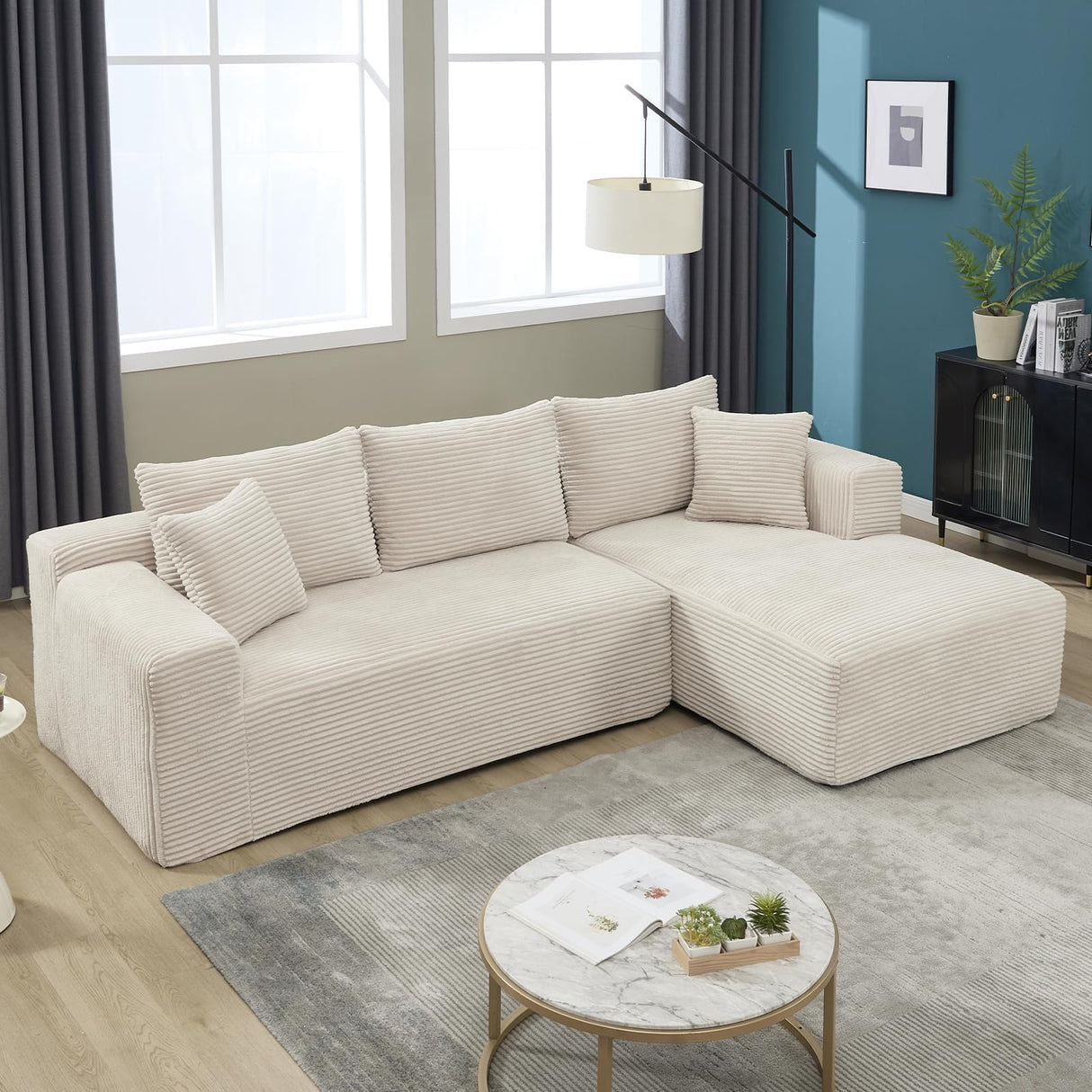 KEIKI 108.7'' Modular Sectional Sofa Couch, L-Shape 3-Seat Velvet Cloud Couch with Oversized Chaise, Memory Foam Cushion, Removable Back & Neck Pillow for Living Room Sofa, Right Facing Chaise, Beige KEIKI