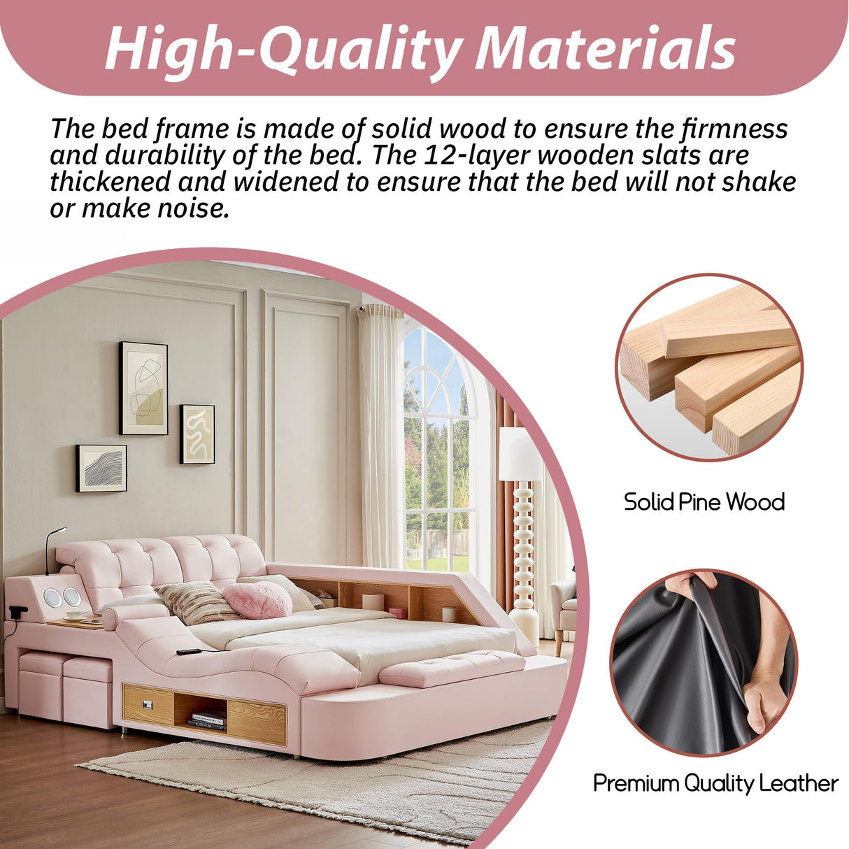 Modehodei Luxury King Size Bed Frame, Modern Multifunctional Bed with Massage Recliner | Bluetooth Speaker | USB Charging Station | Adjustable Headboard, PU Leather Fabric, Bedroom Furniture, Pink Modehodei