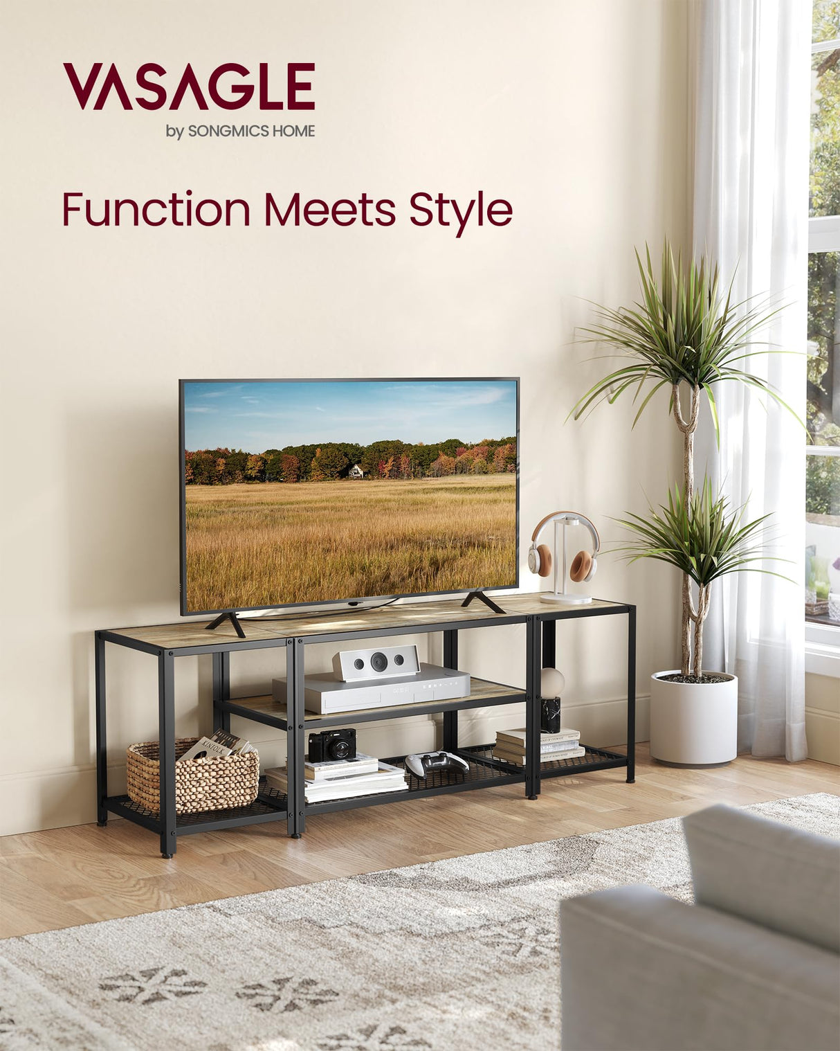 VASAGLE Modern TV Stand for TVs up to 65 Inches, 3-Tier Entertainment Center, Industrial TV Console Table with Open Storage Shelves, for Living Room, Bedroom, Turquoise Brown and Black ULTV097B60 VASAGLE