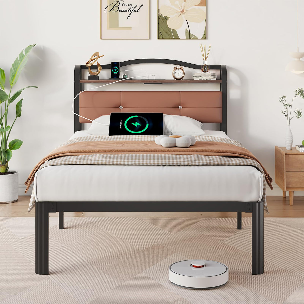 UOMEUR Twin Bed Frame With Headboard & Charging Station - Black Metal Single Bed for Kids, Toddler, Boys, Girls, Adult - No Box Spring Needed, Easy Assembly, Noise Free UOMEUR