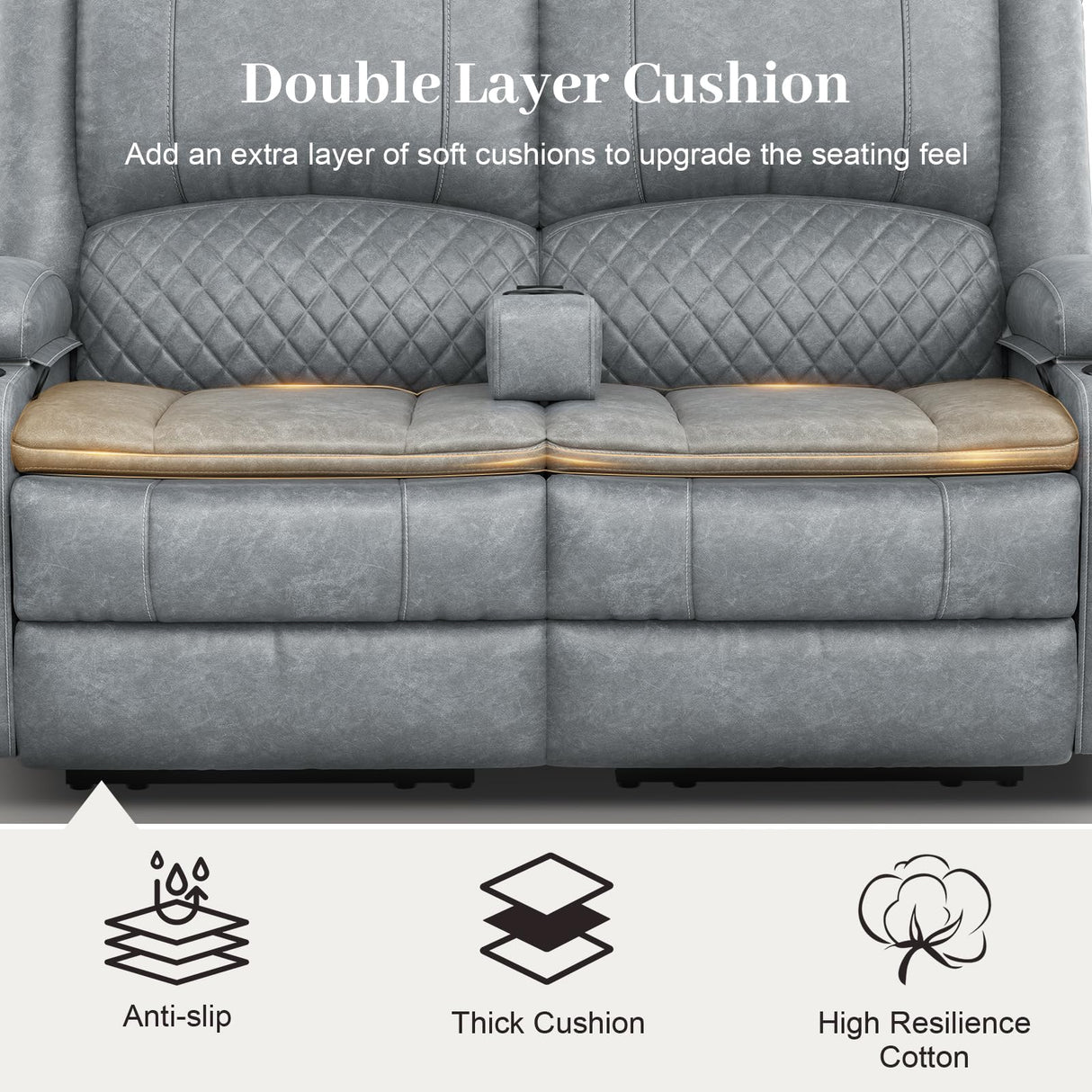 Yolsali Loveseat Recliner Sofa, Manual Reclining Loveseat with Removable Armrest, PU Leather Double Recliner for RV with 2-Tier Cushions, USB Charging Ports, Cup Holders - Gray, PU Yolsali