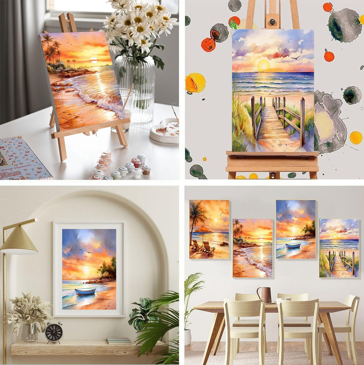 4 Pack Framed Paint by Numbers Kit for Adults Beginners-Beach Adult Paint by Number Kits on Canvas Framed, Sunset Landscape DIY Acrylic Oil Painting by Numbers for Adults for Gift Home Decor(8x12inch) Arttoplus