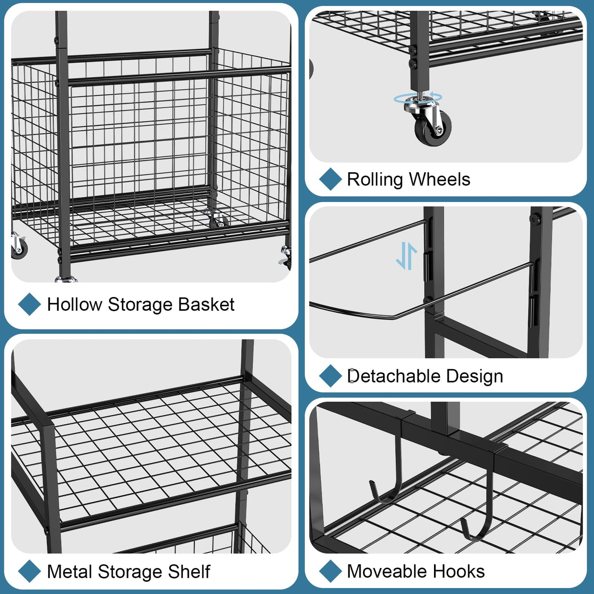Shinoske Ball Storage Rack with Wheels,6-Tier Basketball Rack with Storage Basket and Hooks,Multi Use Garage Sports Equipment Organizer,for Sports Gear,Volleyball,Football,Indoor/Outdoor Use,Black Shinoske