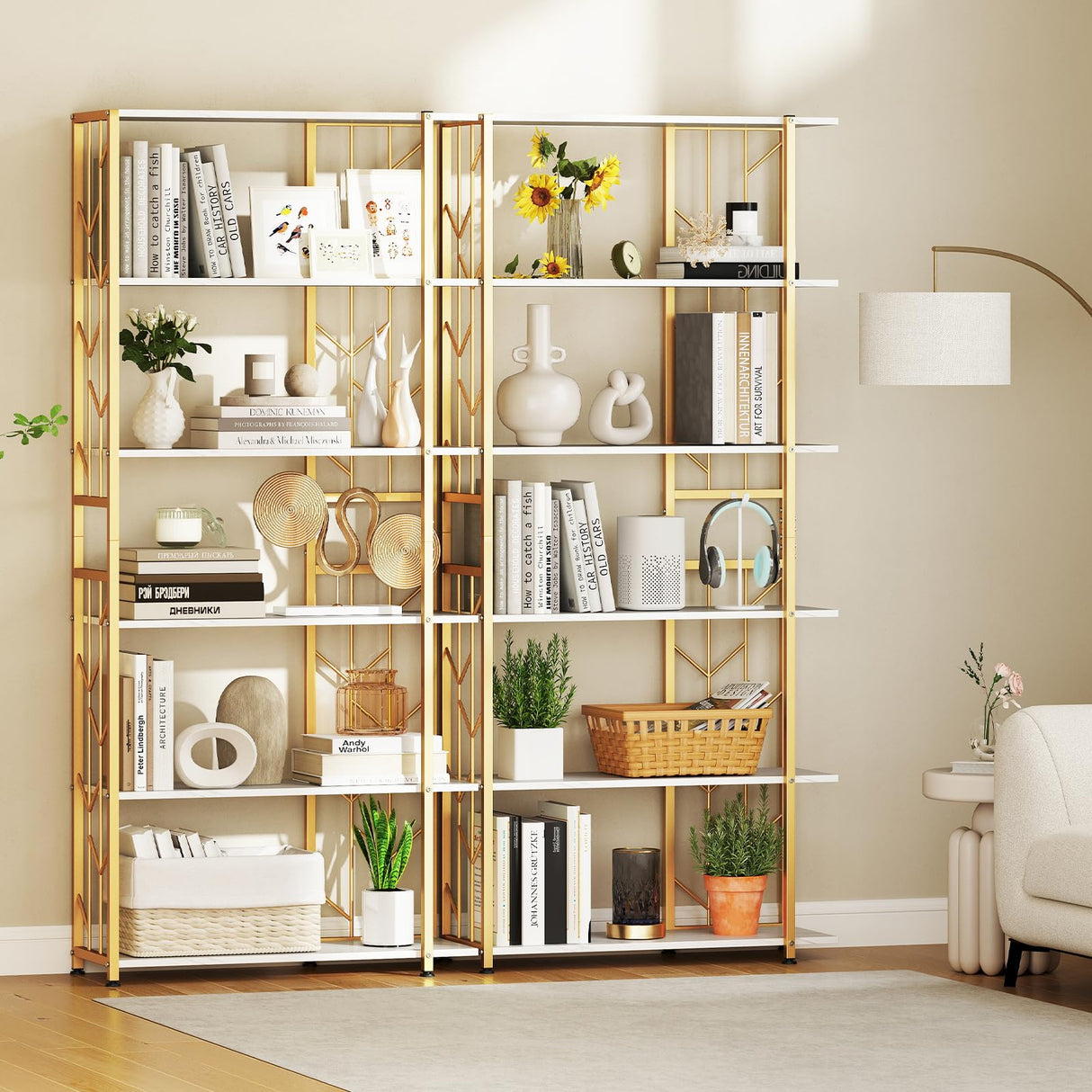Giantex 6-Tier Bookshelf, Modern Geometric Bookcase with Heavy-Duty Metal Frame, Freestanding Display Rack w/ 2 Anti-Tipping Kits, Storage Shelf for Living Room, Bedroom, Study (1,Gold+White) Giantex