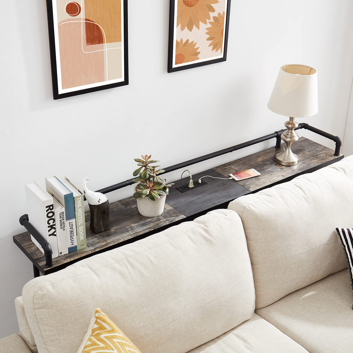 VECELO 55 Inch Console/Sofa Table with Charging Station&Power Outlet, Narrow Industrial Behind Couch, for Entryway, Hallway, Living Room, Foyer, 55inches, Grey Oak-1 VECELO