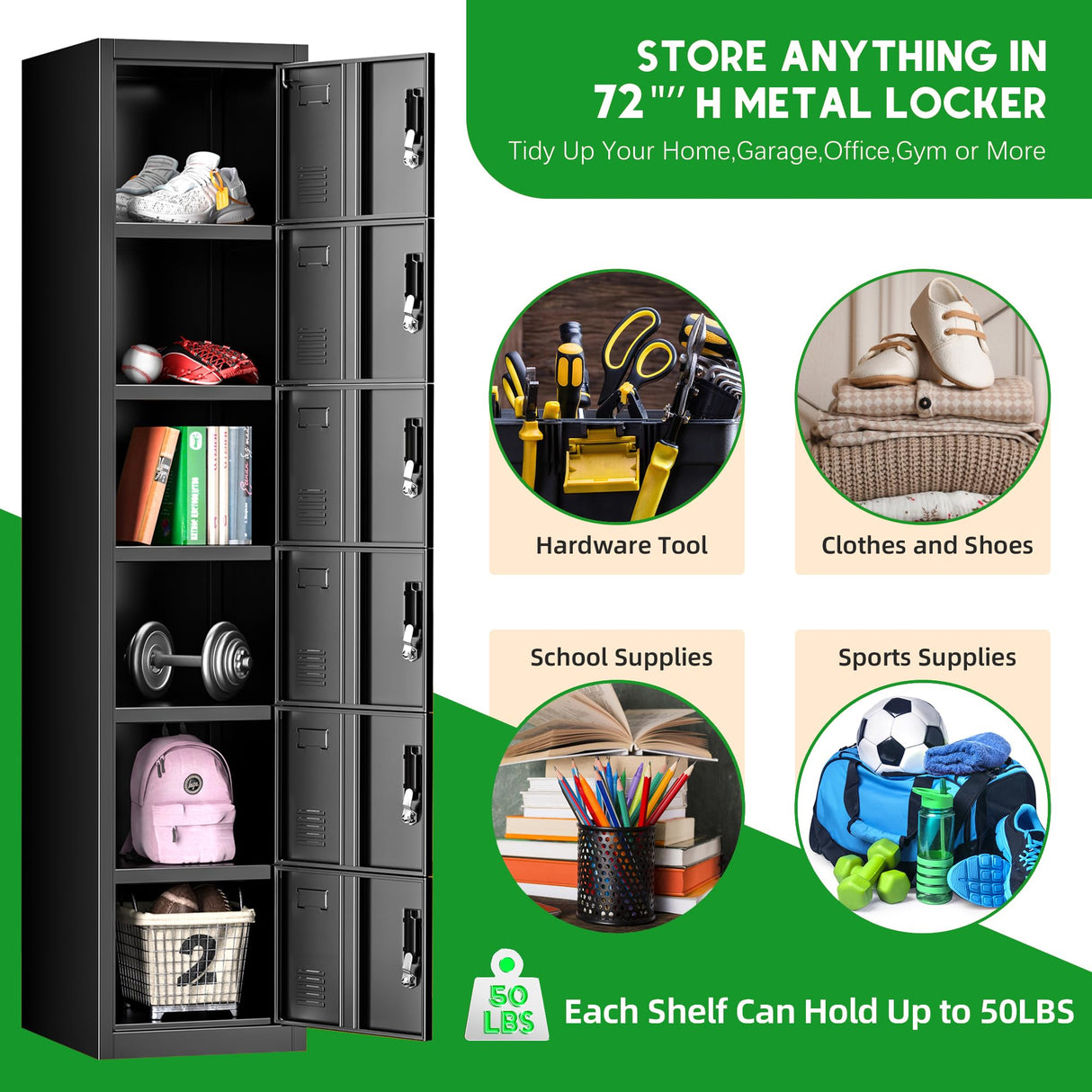 INTERGREAT Metal Locker for Employees with 6 Doors, (72") Black Steel Locker Storage Cabinet with 6 Tiers,Tall Office Storage Lockers for Home Office,School,Gym INTERGREAT