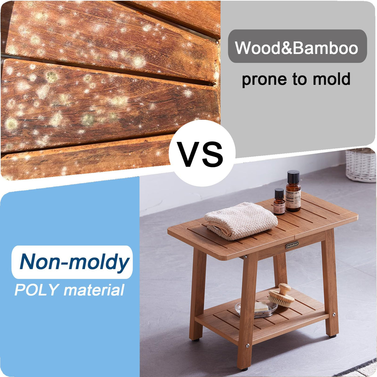 Poly Shower Stool for Inside Shower Waterproof, HDPS Shower Bench for Shaving Legs, Heavy Duty Plastic Bathroom Shower Chair Shower Seat Adjustable Feet, Shower Foot Rest Stool, No-Slip, Brown KaimuBench