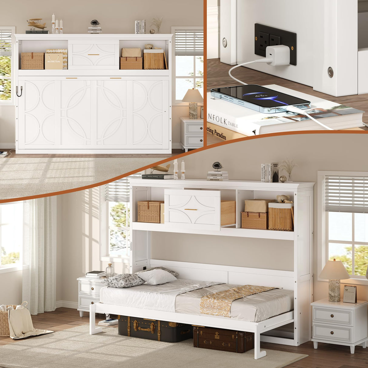 Merax Farmhouse Wood Murphy Bed Chest with Charging Station & Drawer, Storage Wall Bed with Wood Slat Support/Space Saving, Twin,White Merax