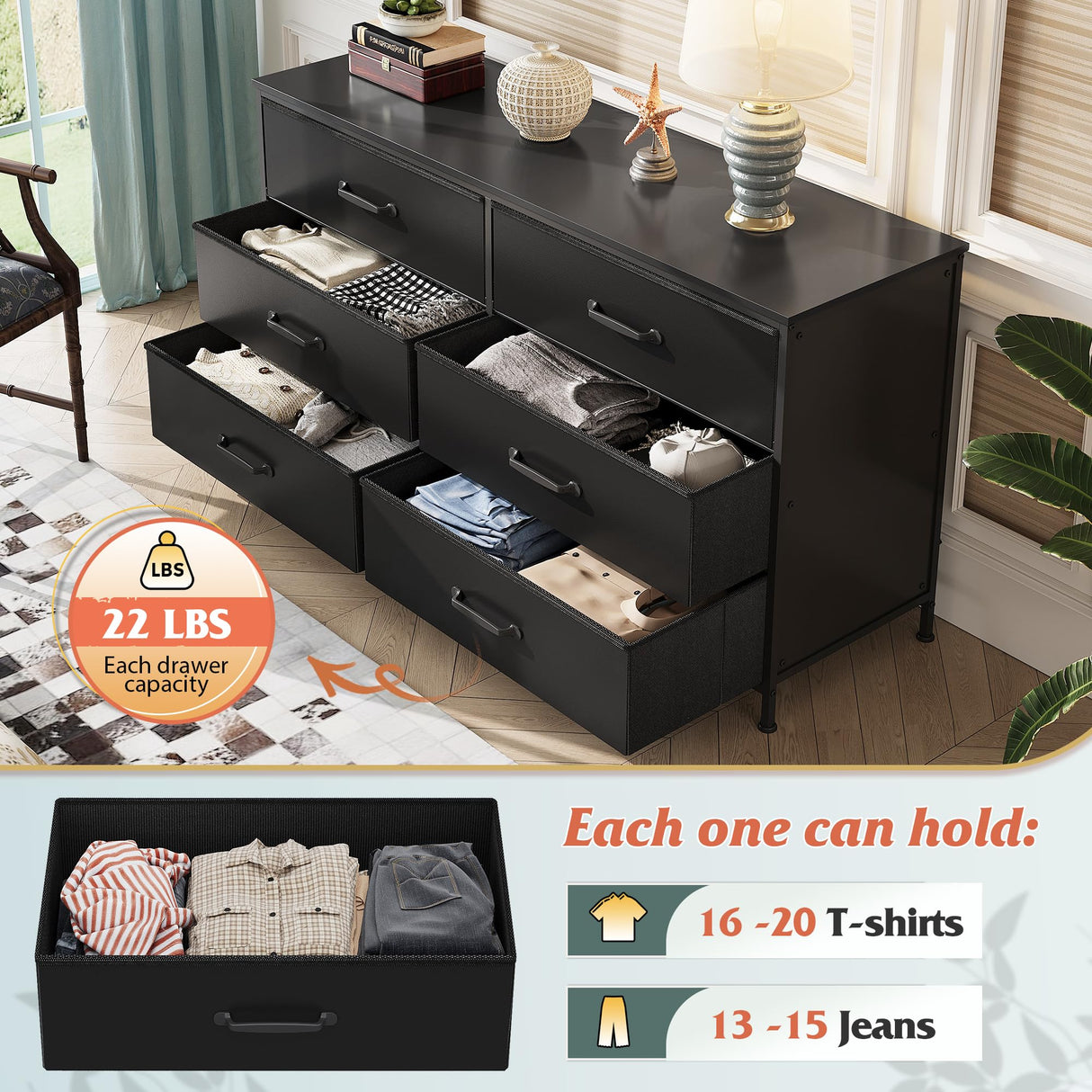 WLIVE Wide Fabric Dresser, 6 Drawer Dresser TV Stand for 60" TV, Dressers Bedroom Furniture Large Storage Tower Unit with Fabric Bins, Black Dresser for Bedroom, Closet, Hallway, Black WLIVE