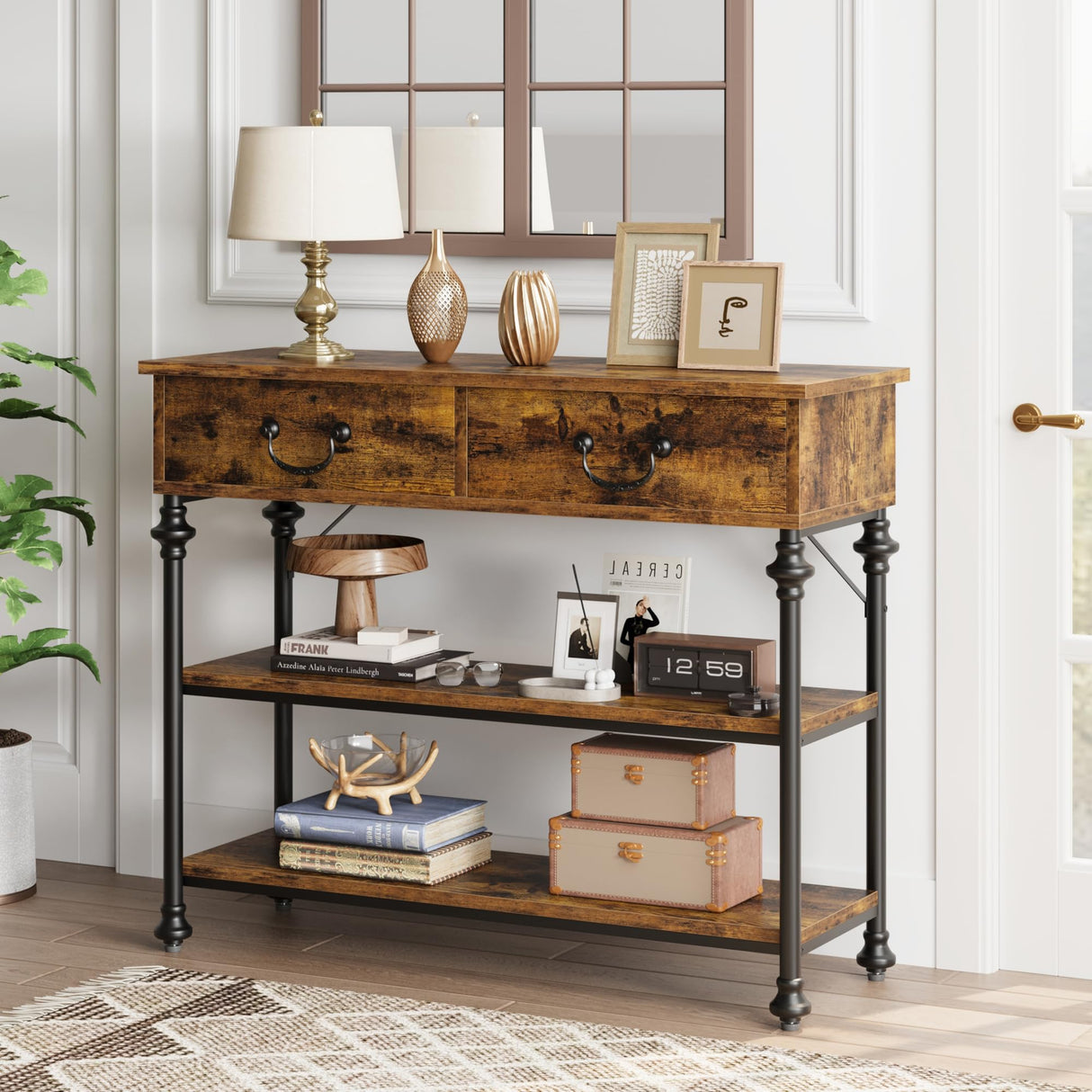 IDEALHOUSE Console Tables for Entryway, Small Entryway Table with 2 Drawers, Narrow Console Table with Storage Shelves for Living Room, Hallway Table, Sofa Table, Rustic Brown IDEALHOUSE