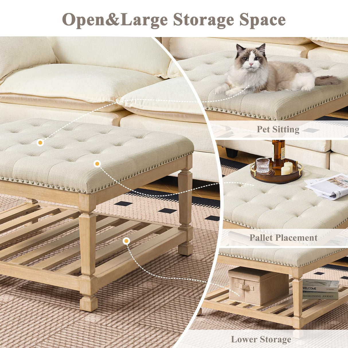 Befurtori Large Square Ottoman Coffee Table, Linen Solid Upholstered Footrest Ottoman with Solid Wood Shelf Storage Tufted Coffee Table for Bedroom Living Room-Ivory Befurtori