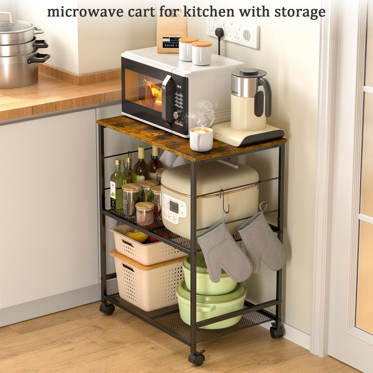 ThreeHio Rolling Kitchen Microwave Cart, 3 Tier Microwave Table Stand with Storage, Kitchen Utility Cart on Lockable Wheels, Small Coffee Cart Shelf Rack Organizer for Living Room Office, Balcony ThreeHio