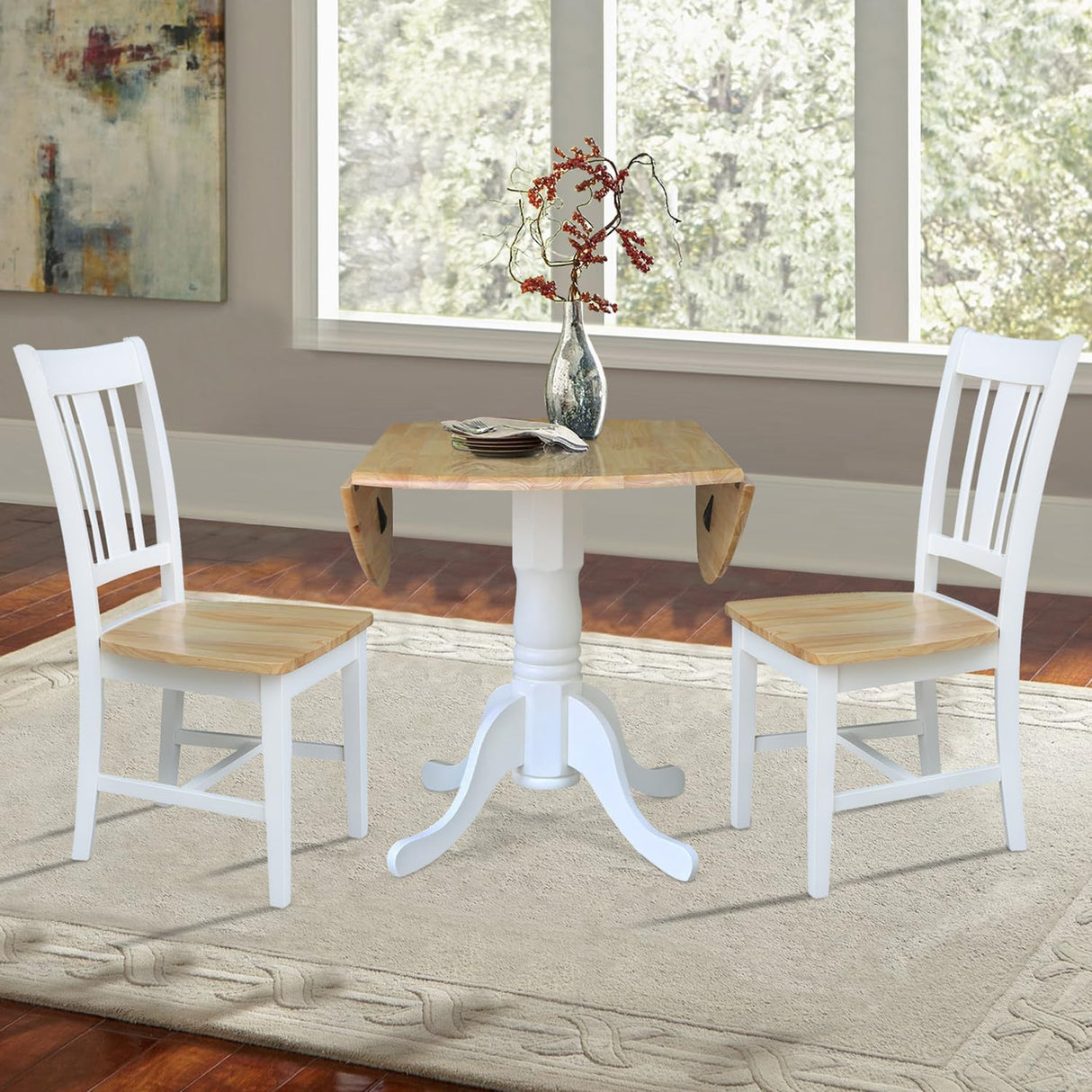 IC International Concepts K02-42DP-C10-2 42" Dual Drop Leaf Table with 2 San Remo Splatback Chairs-3 Piece Dining Set, White/Natural IC International Concepts