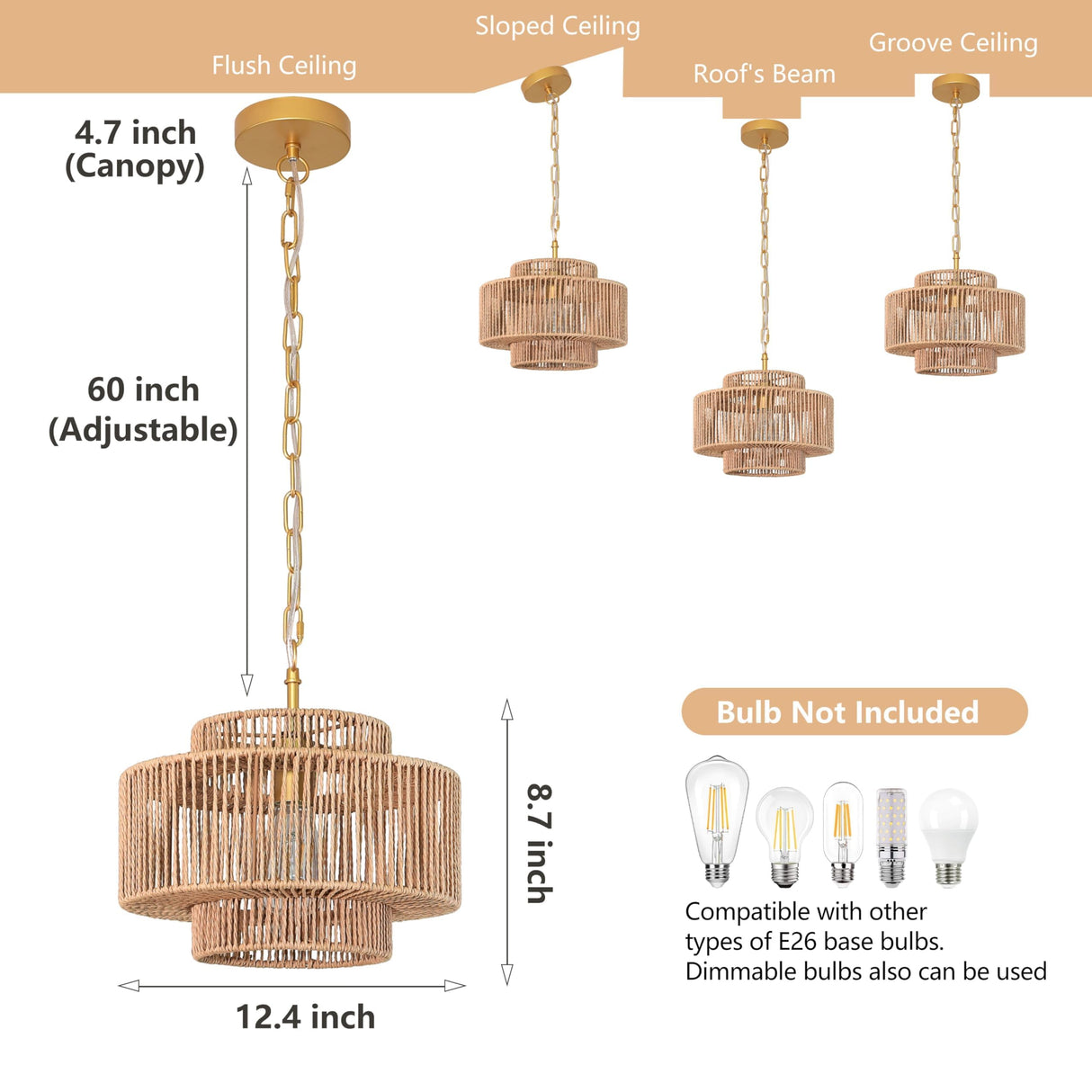 Bagood 12.4" Rattan Chandelier 1 Light Woven Rattan Pendant Light Boho Wicker Pendant Lighting Fixture Farmhouse Chandelier Light Fixture 3-Tier Drum Wicker Rattan Golden Chandelier for Dining Room Bagood